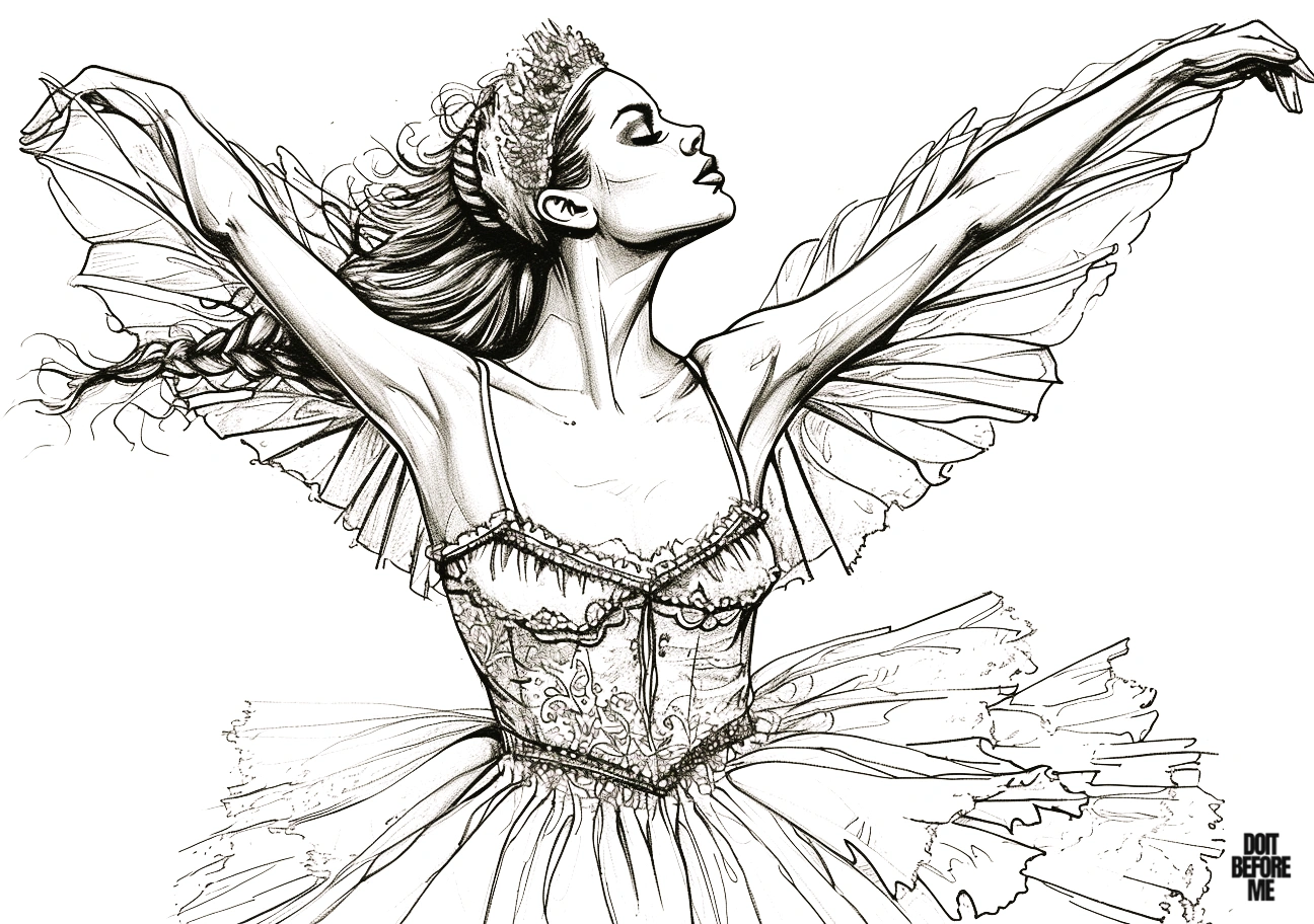 Elegant and chic ballerina coloring page featuring a realistic depiction of ballerina who is gracefully posed, wearing a beautiful ballet dress, showcasing poise and style.