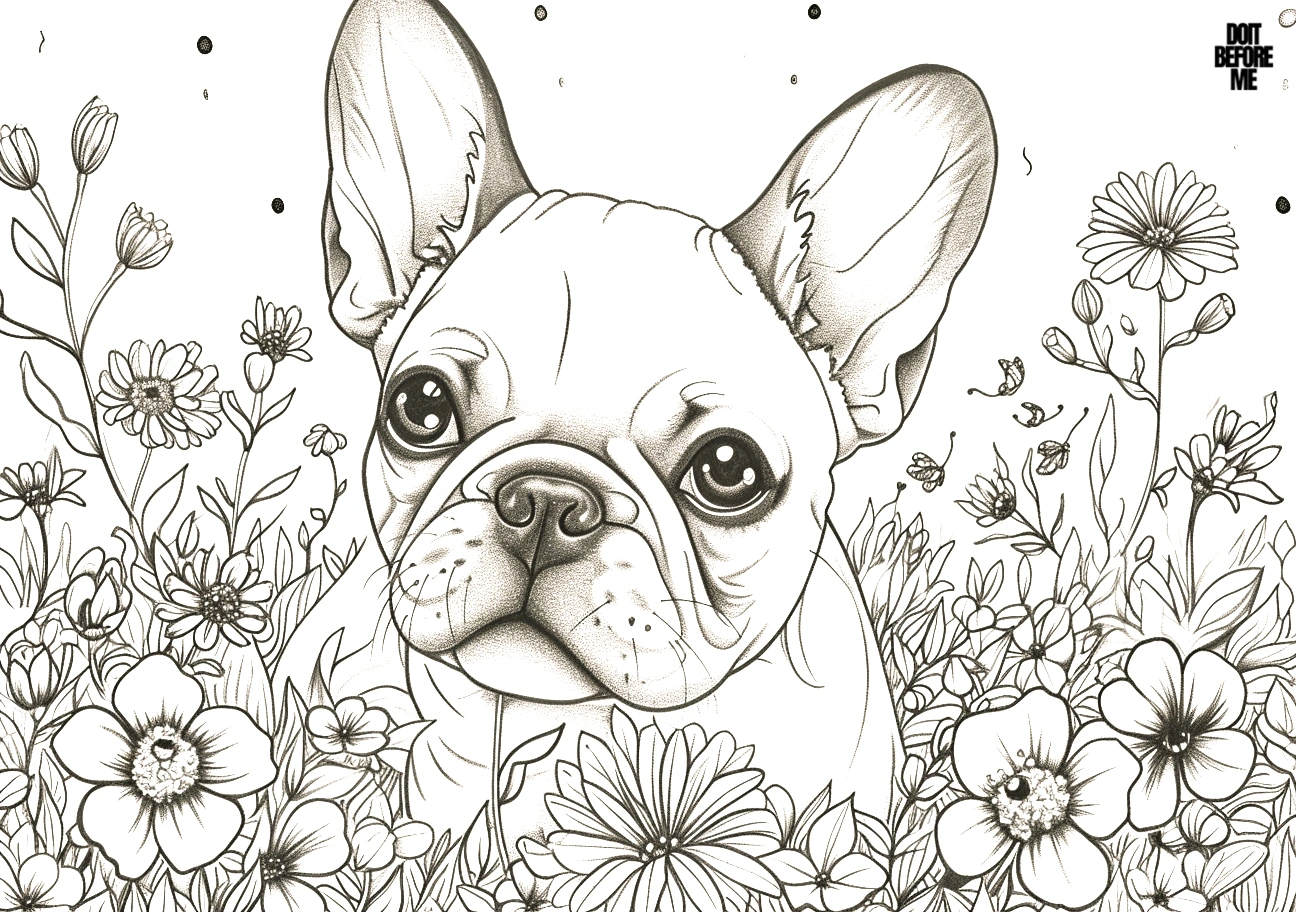 A coloring page featuring a realistically depicted and cute French Bulldog within the midst of a flower field.