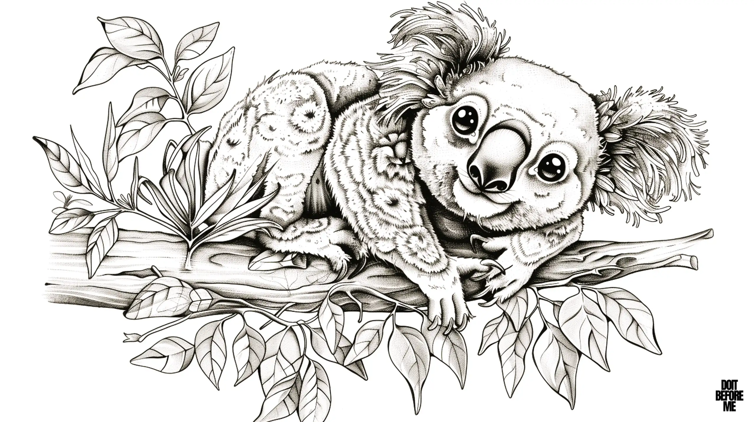 An adult koala lying on a tree branch, with its fur and facial expression depicted in great detail. This printable coloring page contains many fine details, making it a challenging and enjoyable activity for adult coloring enthusiasts.