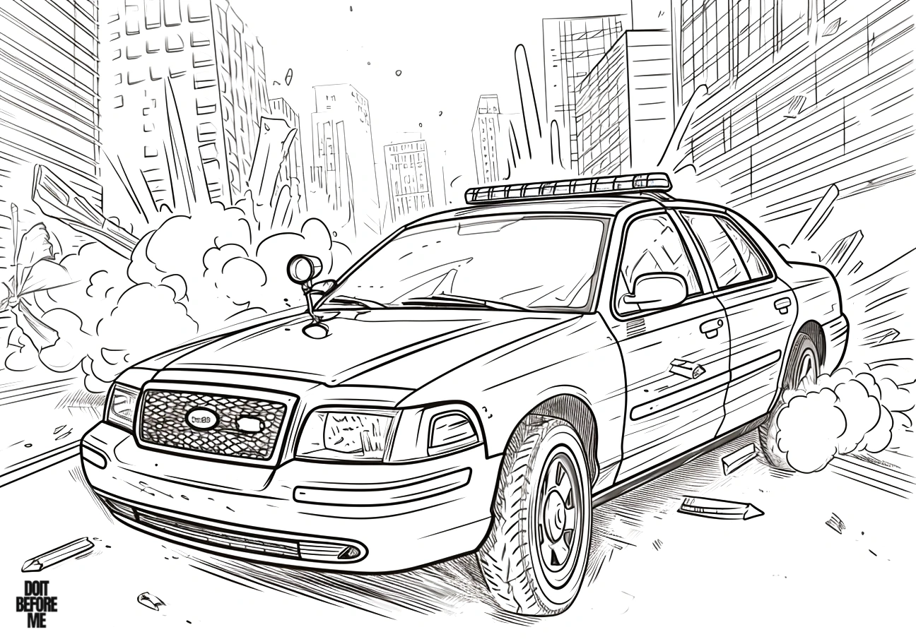 Realistic police car coloring page depicting a crime scene on the streets