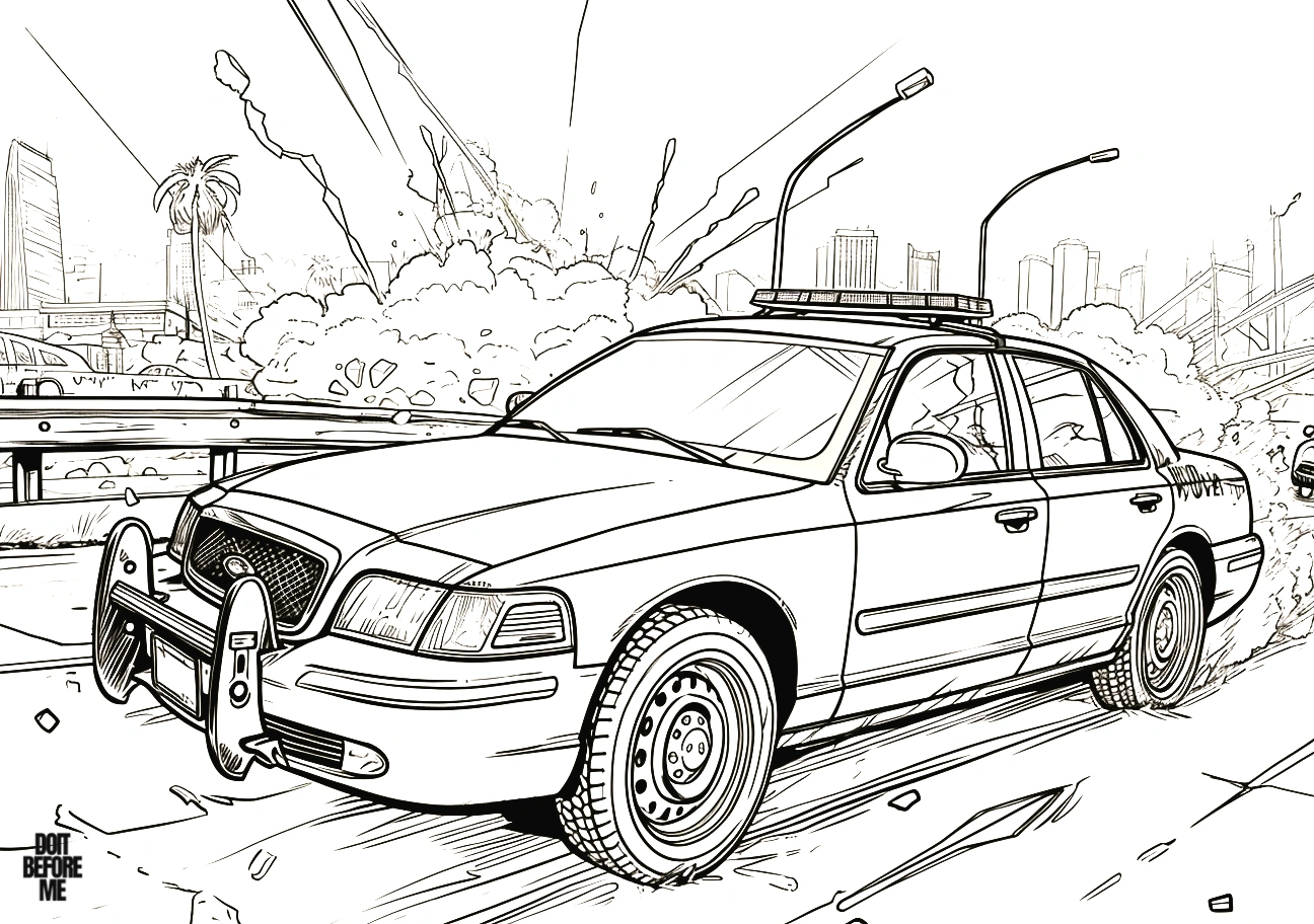 Image of a realistic police car en route to a crime scene, with an explosion in the background. Coloring pages depicting a dynamic and intense scene