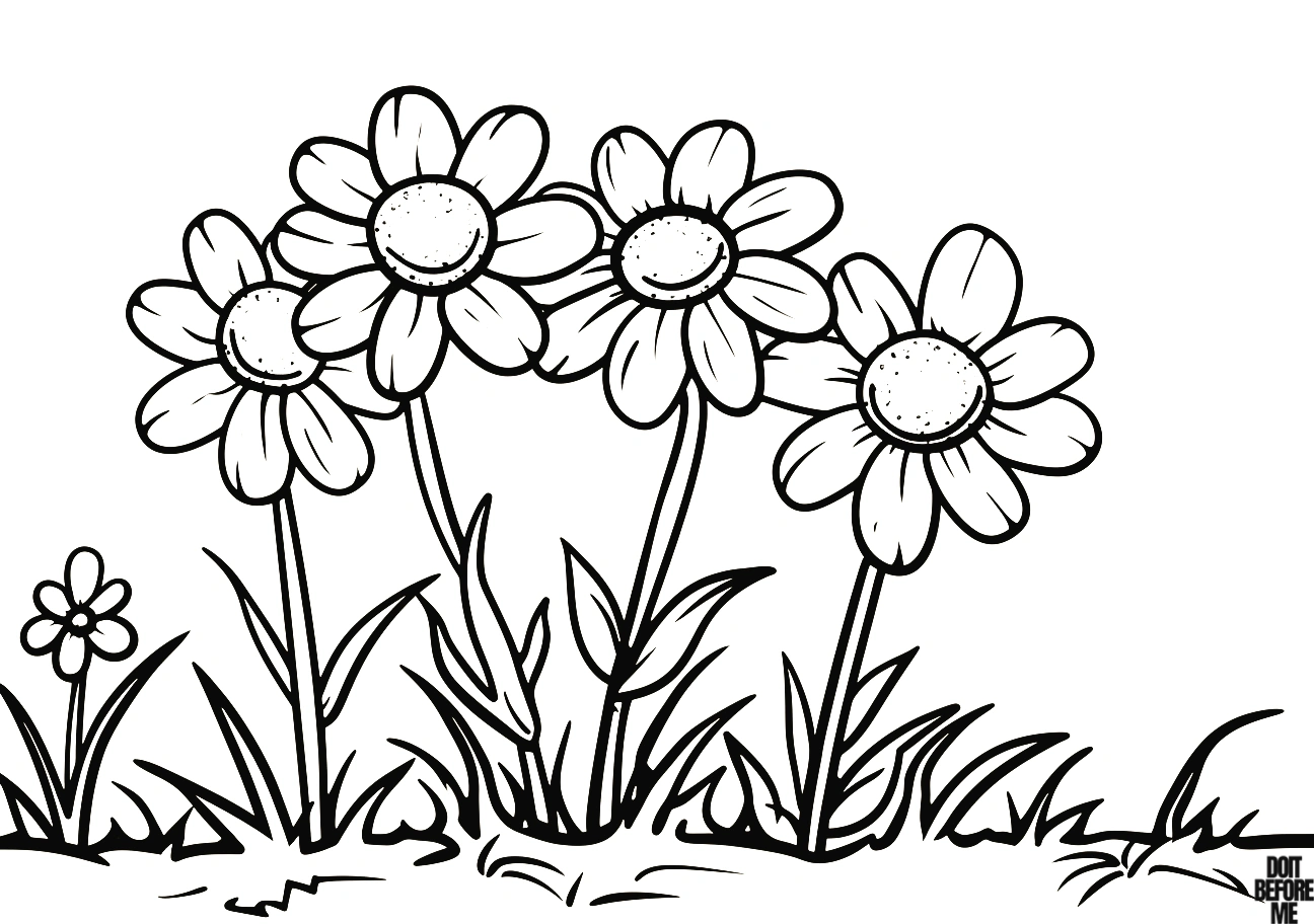 Printable coloring page with 4 large and 1 small daisies, designed for children. Features an easy-to-color, simple design.