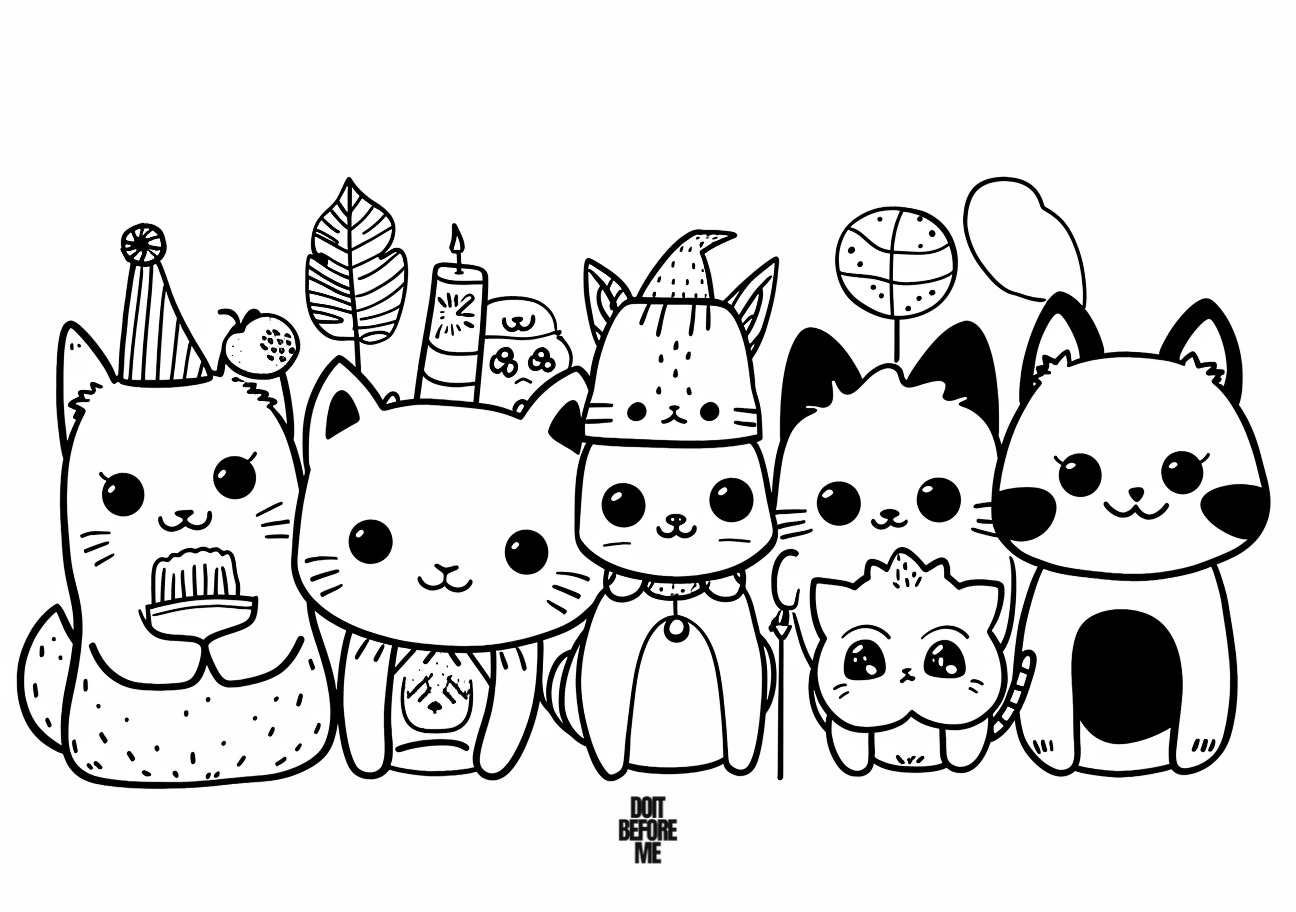 A super cute coloring page for adults featuring five adorable kawaii cats, perfect for a fun and easy coloring.