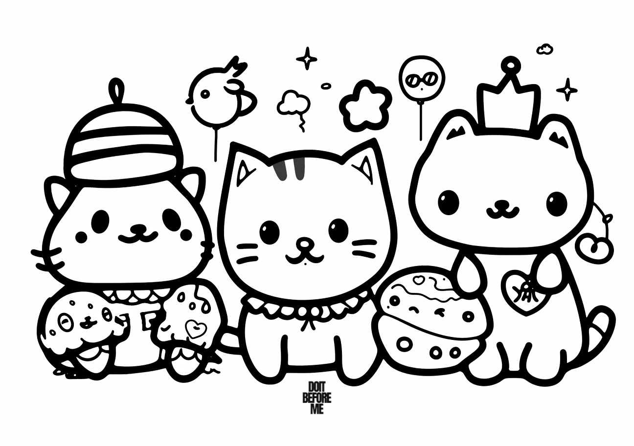 Free printable coloring page featuring very cute animals with thick and sharp outlines, designed for easy coloring by kids. Illustration includes three adorable cartoon cats.