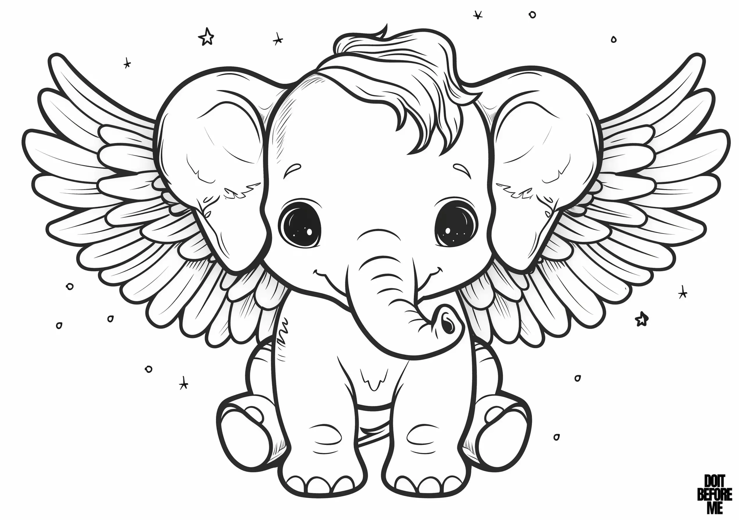 Coloring page features a cute baby elephant with angelic wings. The baby elephant sits with a sweet, innocent expression, its large eyes full of wonder. The wings are intricately detailed with feathers. The background is dotted with small stars.