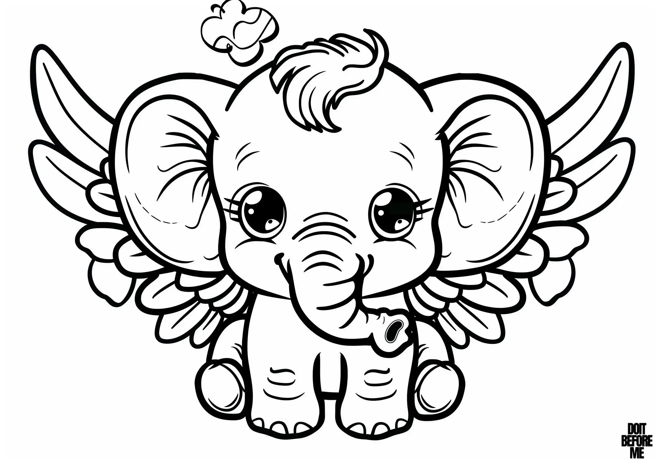 Coloring page features a baby elephant with angelic wings. The elephant's large, sparkling eyes and cute tuft of hair give it an endearing look. Its wings are elegantly detailed with layers of feathers. The lines of the coloring page are bold and clean, making it easy for kids to color.