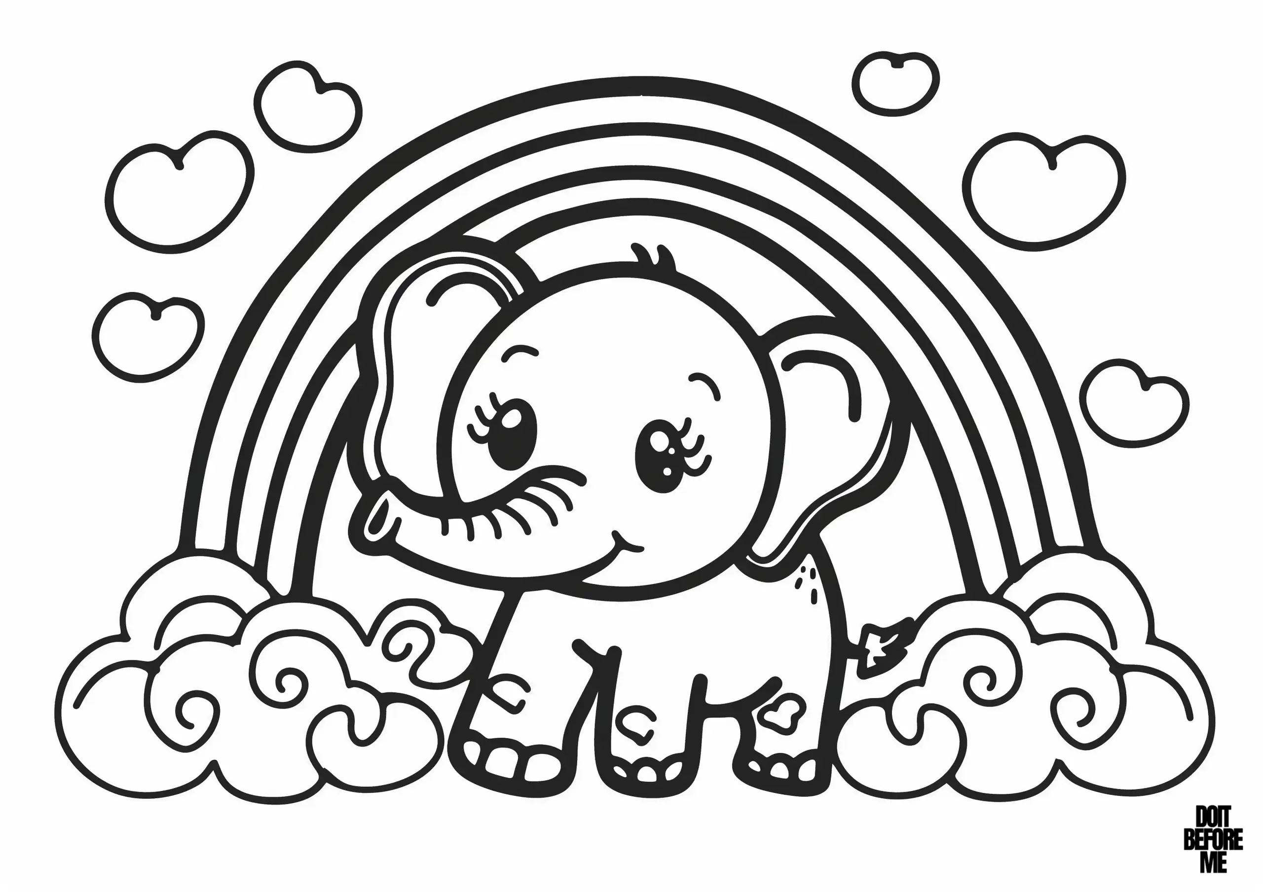 Printable coloring page features a cute baby elephant standing beneath a rainbow. The elephant, with its big, friendly eyes and perky trunk, looks delighted as it stands among fluffy clouds. Hearts float around. The bold lines and simple shapes make the image easy to color for kids.