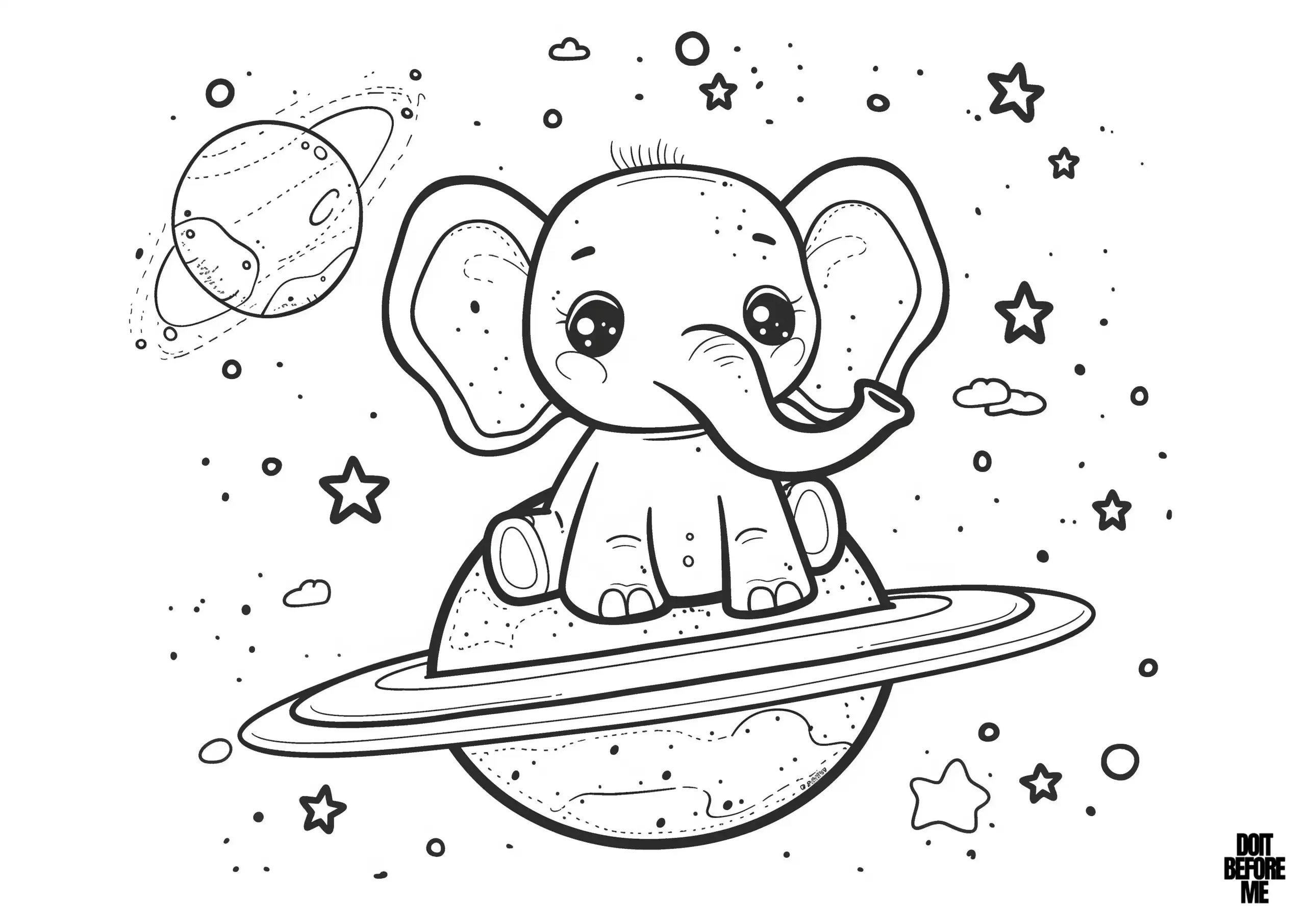 Cute baby elephant sitting atop a ringed planet in a space scene. The elephant has large curious eyes and a small playful trunk, the background is filled with stars, planets, and clouds. The lines are bold and clear, making it easy to color.