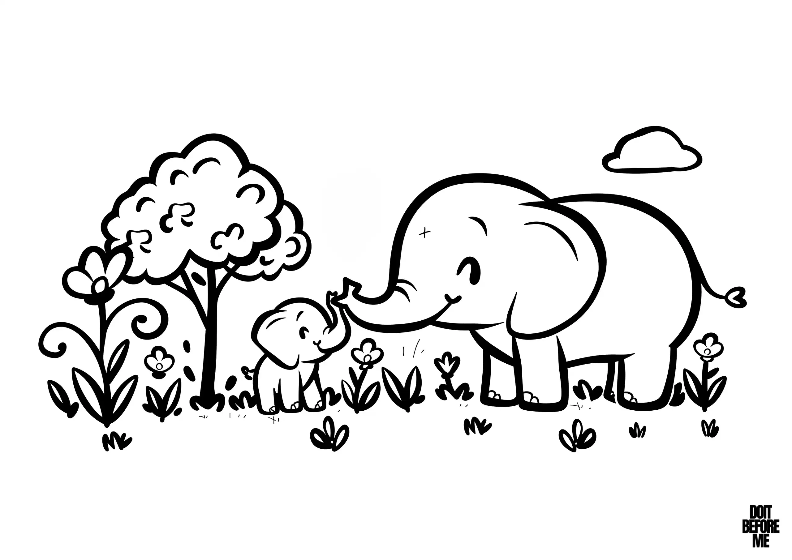 Elephant family in a meadow, the mother elephant, with a gentle and caring expression, reaches out with her trunk to her baby, who looks up in admiration. The background of the printable coloring page features a simple tree, some flowers, and a small cloud. The elephants are drawn with thick lines, making them easy to color for kids.