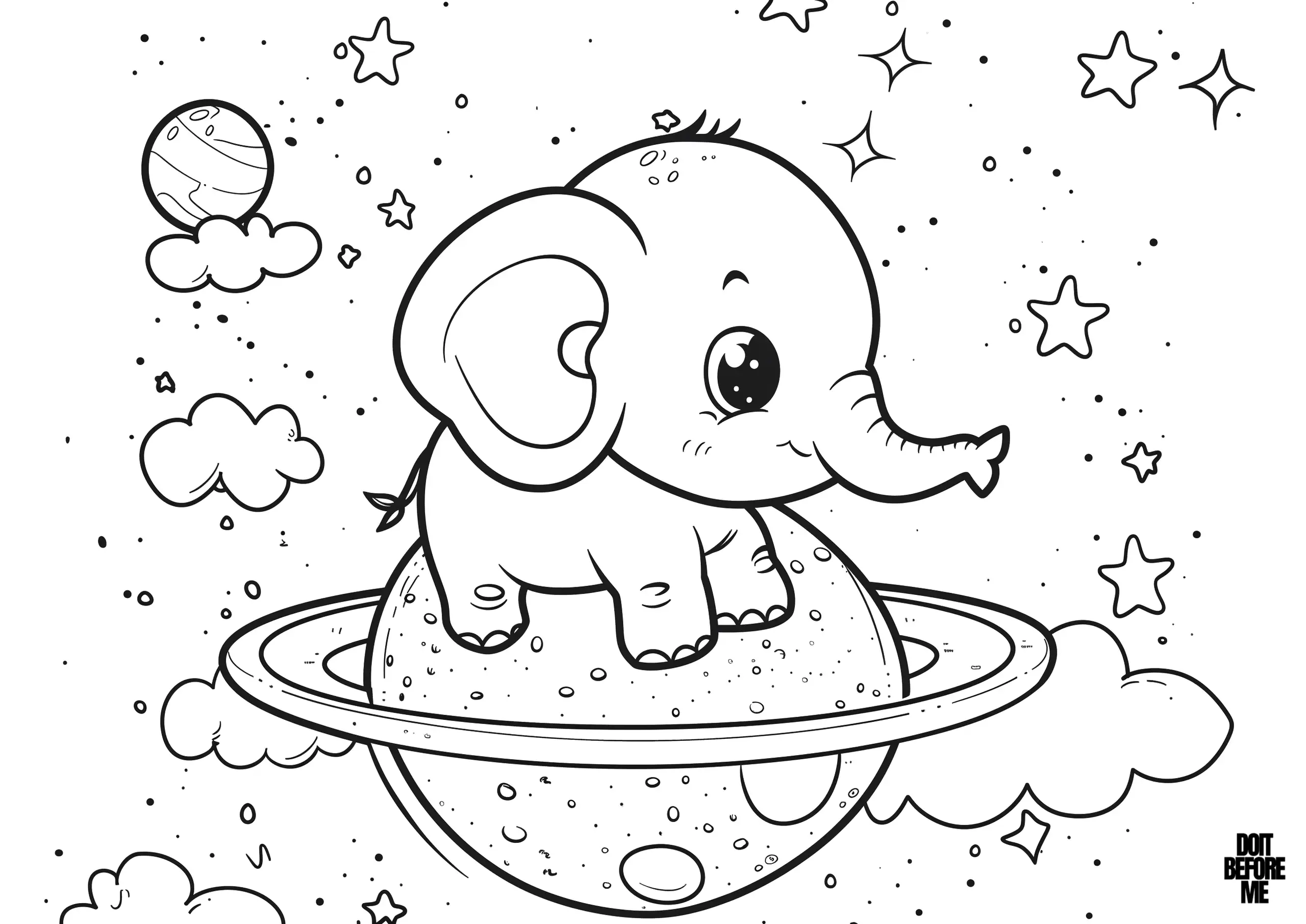 Coloring page for kids showcases a cute baby elephant sitting atop a planet with rings, floating in an outer space. The elephant, with its large, curious eyes and small upturned trunk, looks content as it explores the cosmos. The background is filled with stars, clouds, and a distant planet.