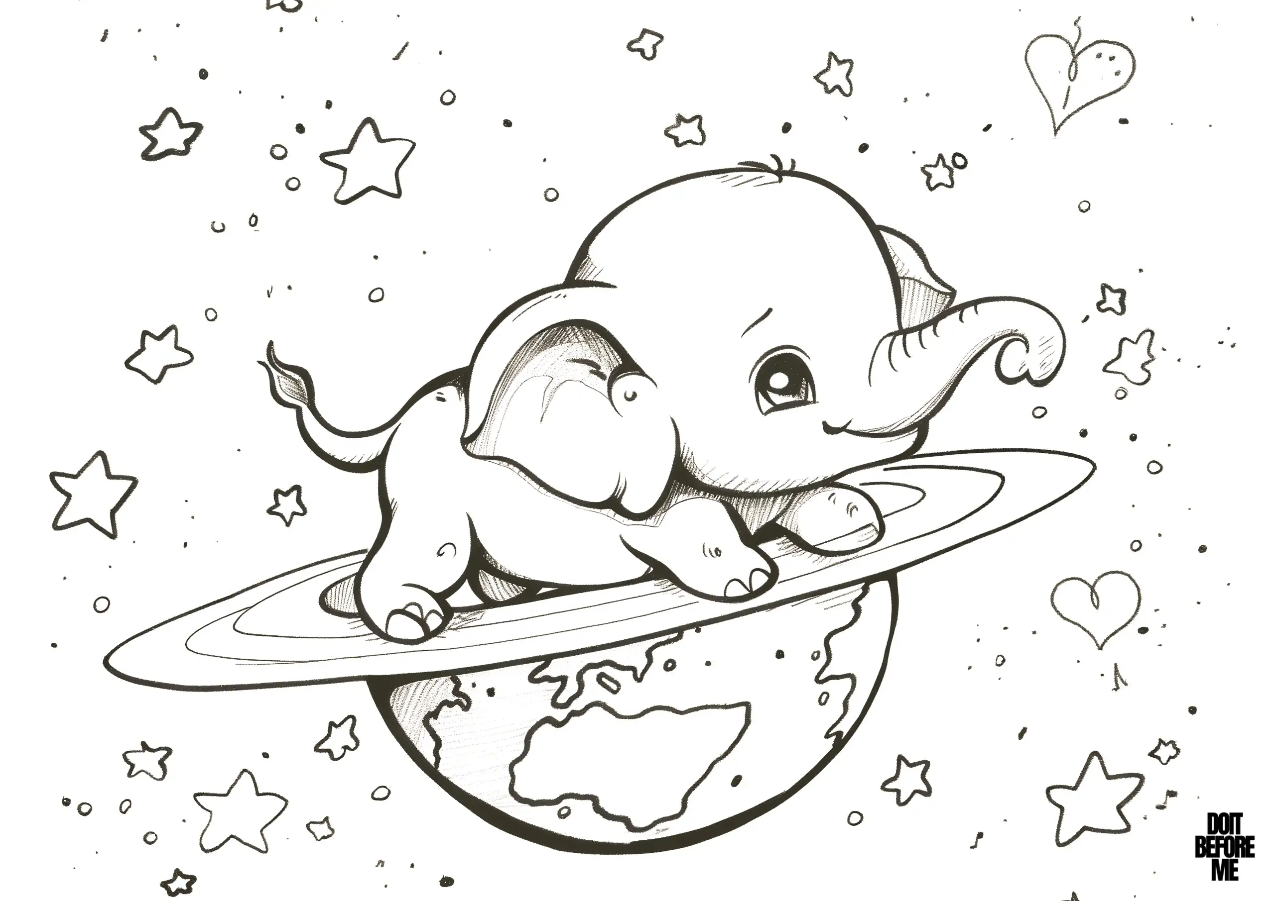 Coloring page features a baby elephant with gentle smiling face, resting on the rings of a planet. The planet beneath it is detailed with continents. The stars and hearts scattered in the background.