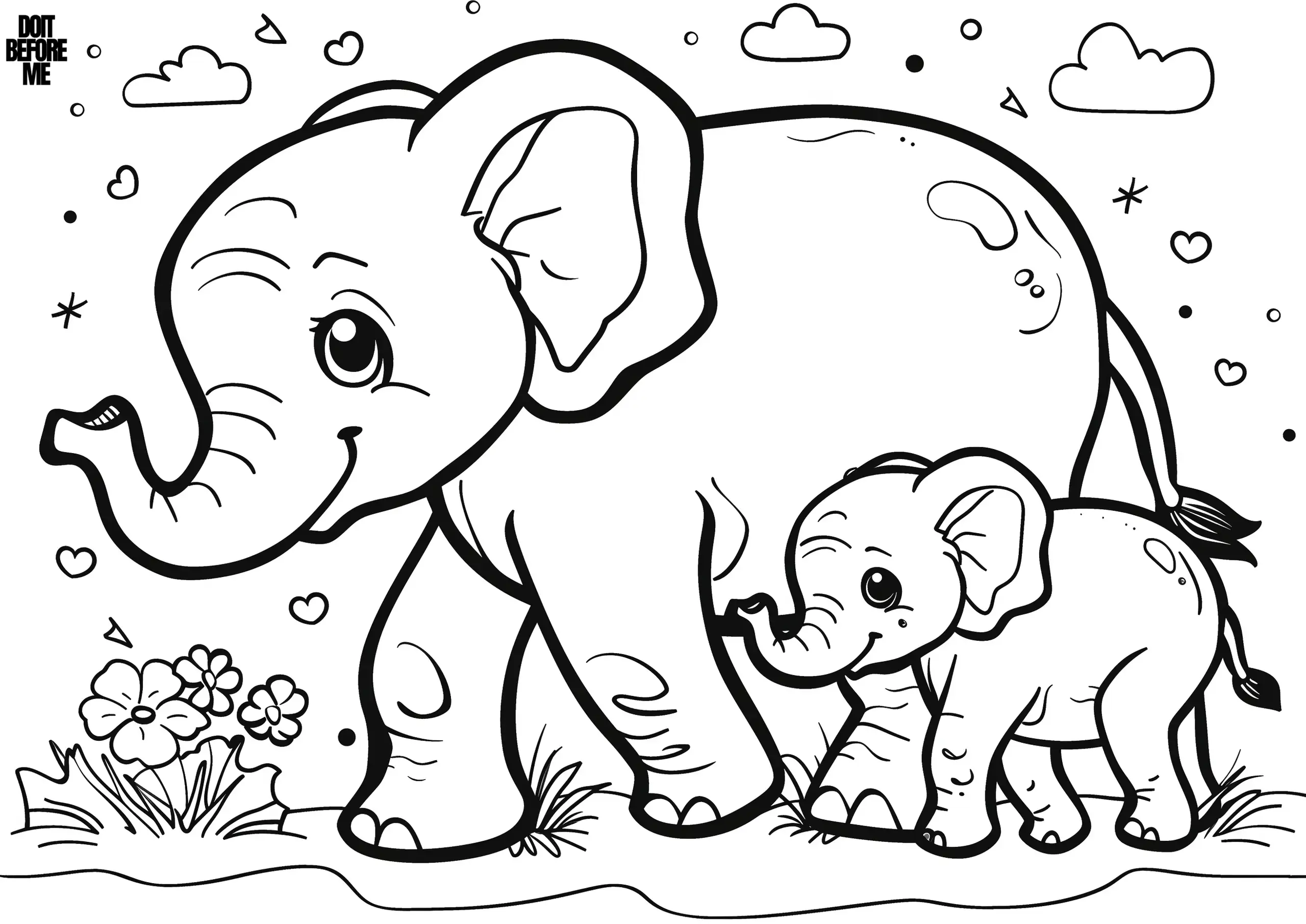 A scene of a mother elephant and her baby walking together. The mother elephant is depicted with a warm, smiling face, while the baby elephant follows closely, mirroring the mother's happy expression. Both elephants have large, expressive eyes and gently curving trunks. The background features simple clouds, stars, and flowers.