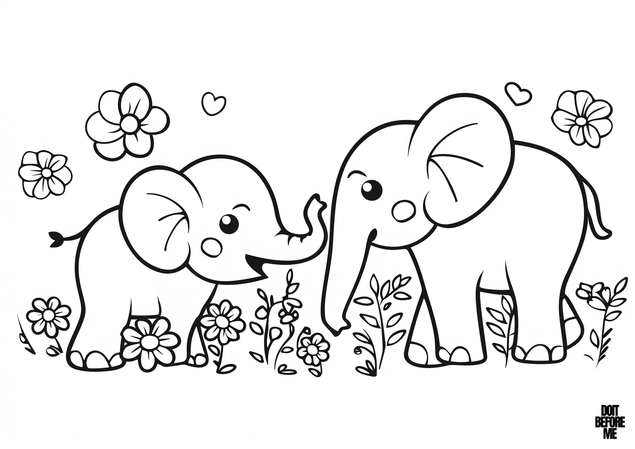 Printable coloring page depicts a parent and a child elephant in a flower garden. The smaller elephant raises its trunk playfully towards the larger elephant, both with big, friendly eyes and rounded ears. The background is filled with flowers of various sizes and shapes.