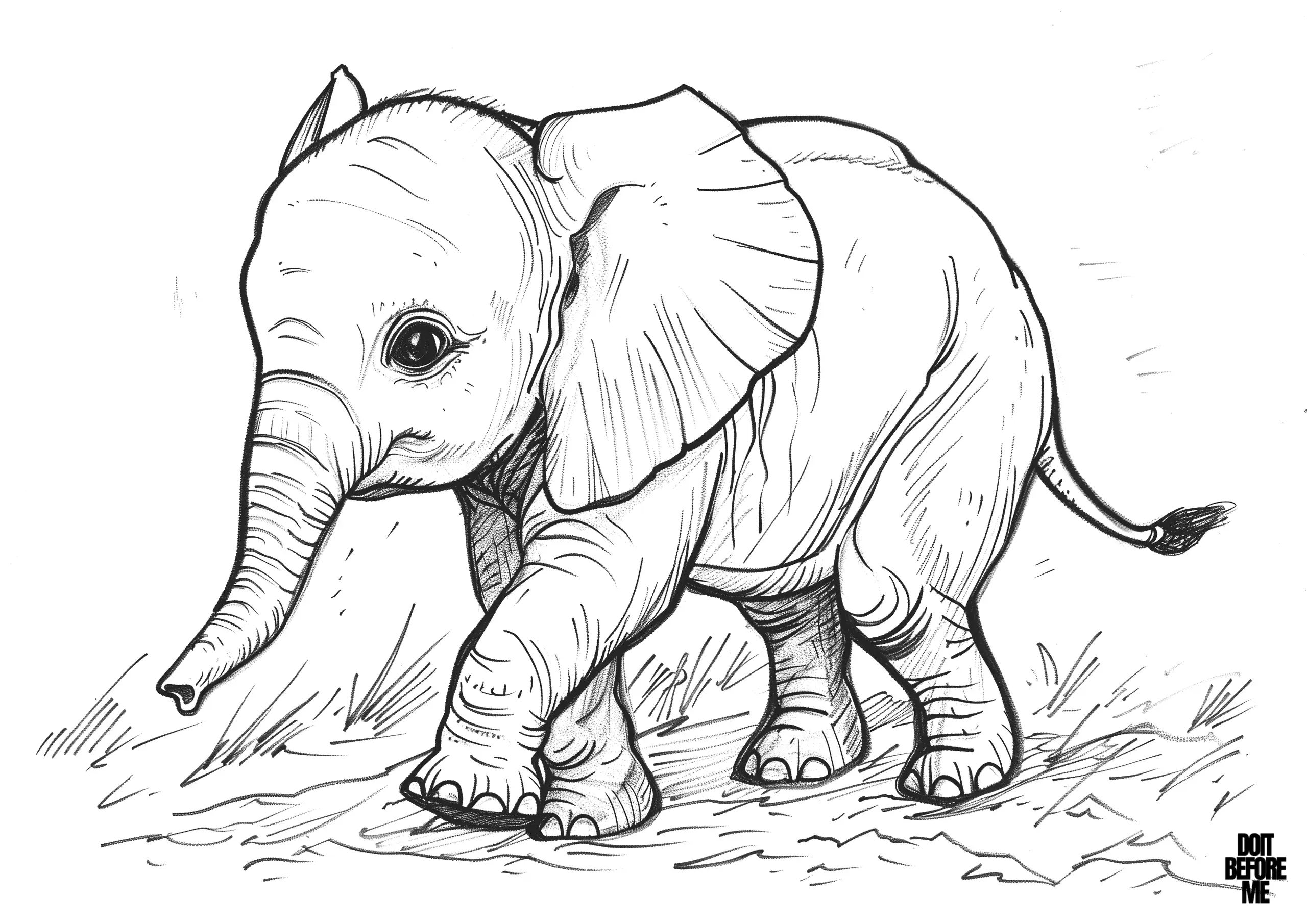 Detailed coloring page features a realistic baby elephant walking gracefully. The elephant is depicted with intricate details capturing the texture of its skin, the folds of its ears, and the subtle details of its eyes and trunk.