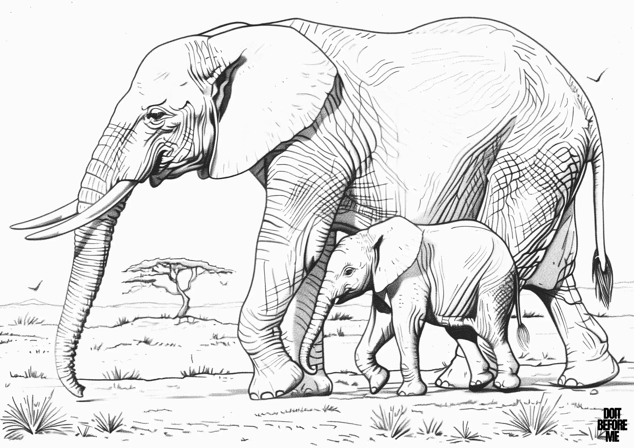 Coloring page presents a detailed and realistic scene of an adult elephant walking alongside its baby in the African savannah.