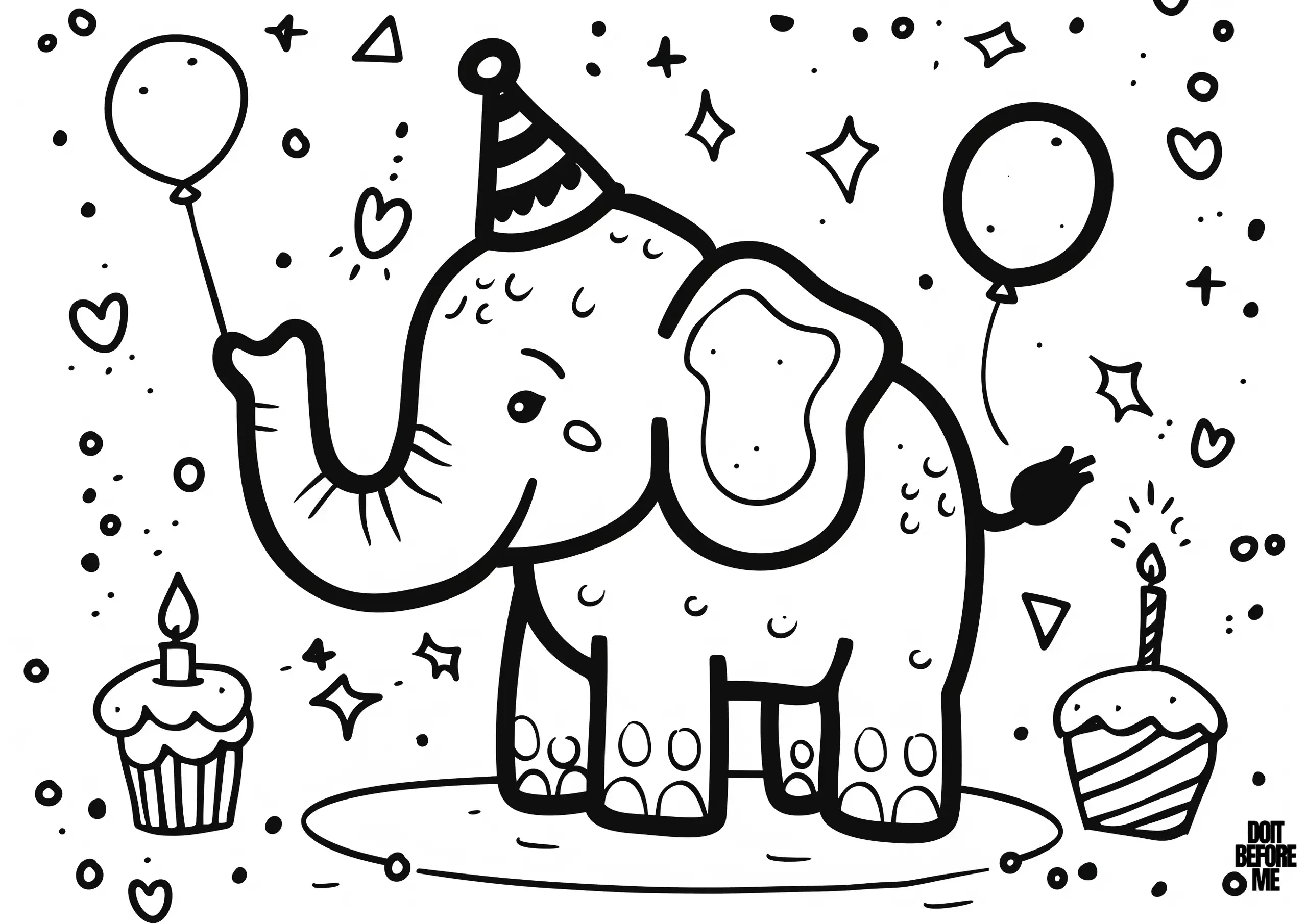 Excited baby elephant celebrating its birthday. The elephant adorned with a party hat and holding a balloon with its trunk, is surrounded by festive elements such as cupcakes, balloons, and confetti.