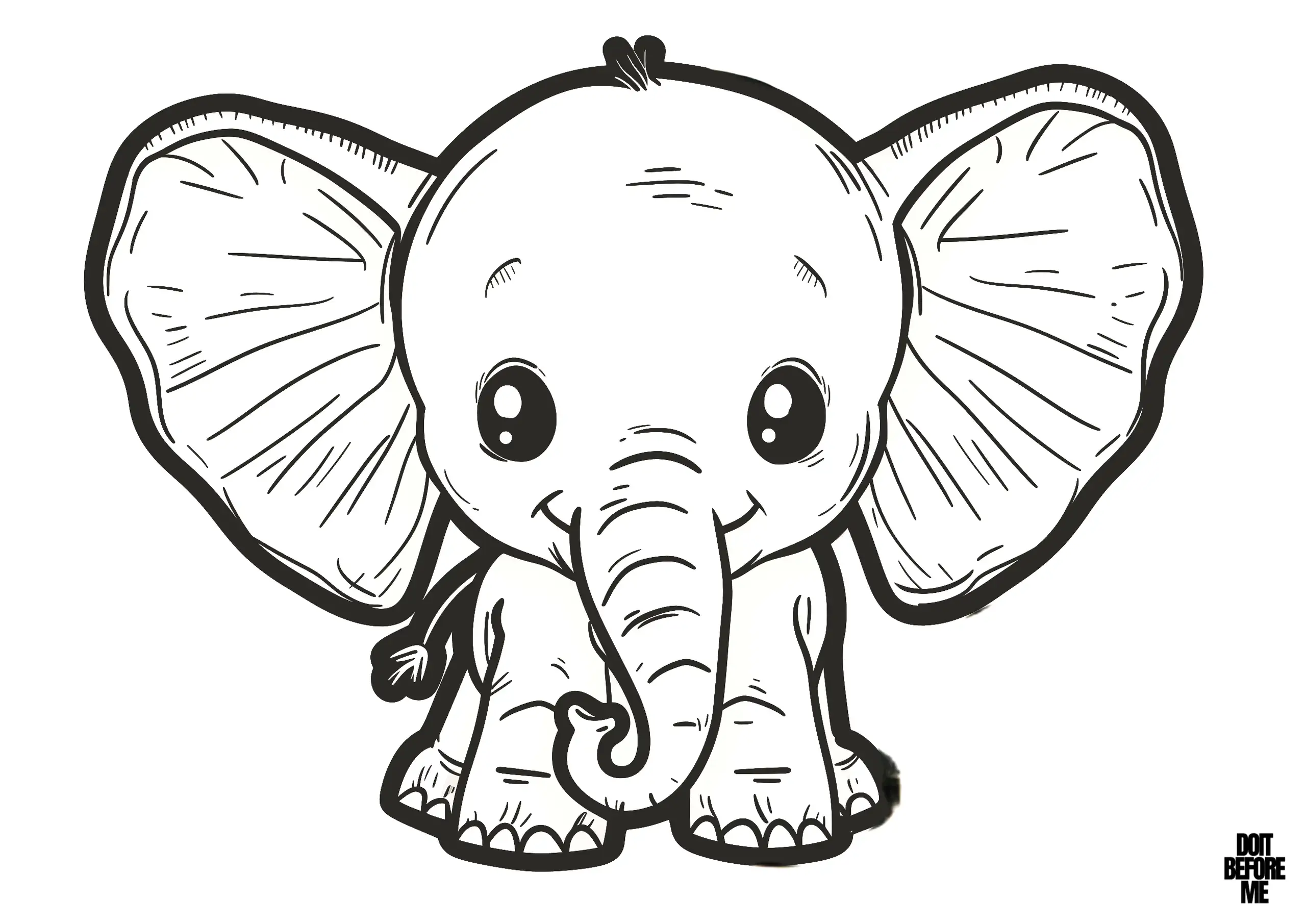 Printable coloring page features a baby elephant with large ears and a innocent expression. The elephant’s eyes are round and filled with a gentle curiosity, while its small trunk curls upwards in a playful manner. The design is easy to color with the large ears providing a broad area for coloring.