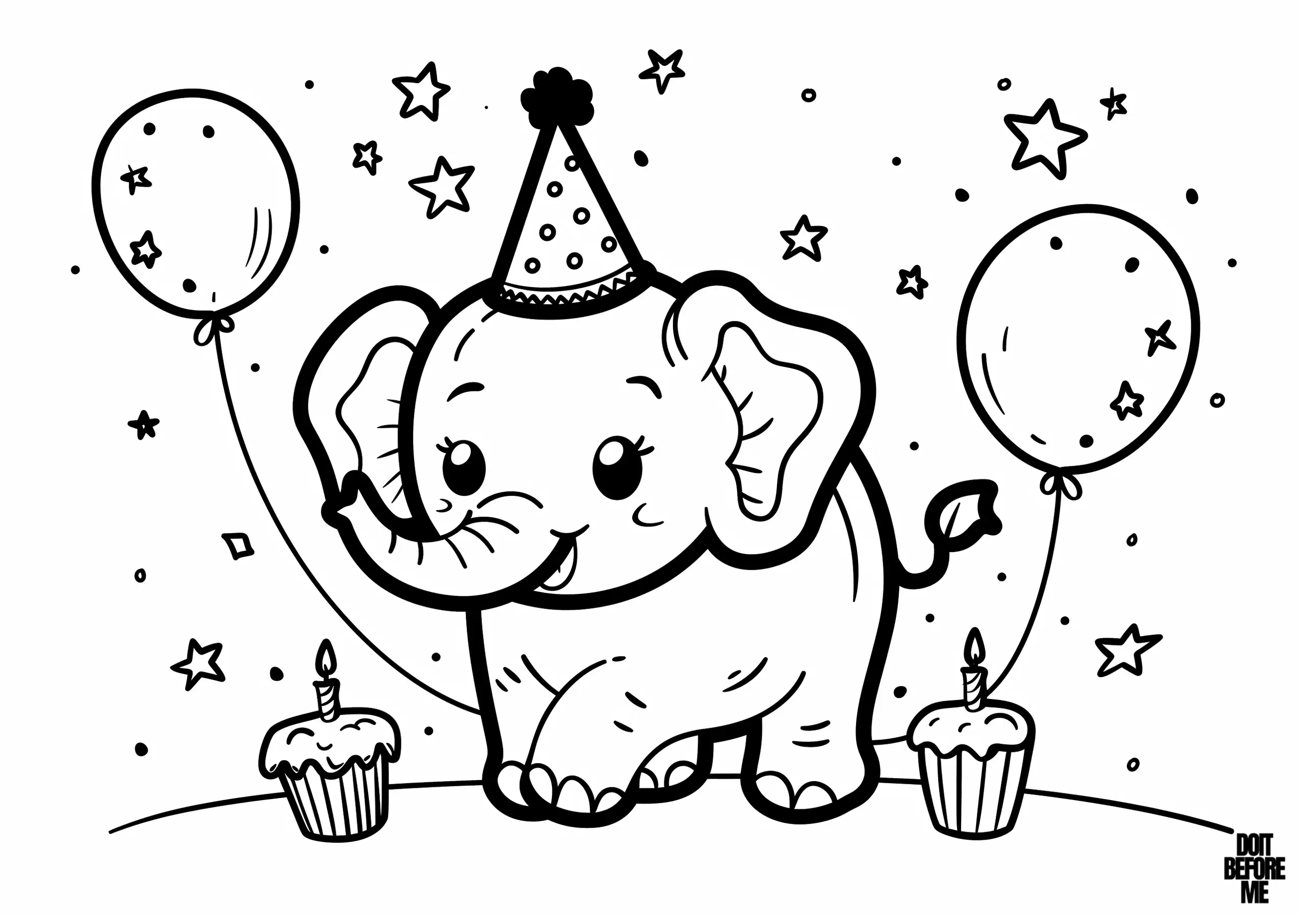 Happy baby elephant celebrating a birthday, complete with a festive party hat. The elephant stands cheerfully between two balloons and two cupcakes with lit candles. Stars fill the background.