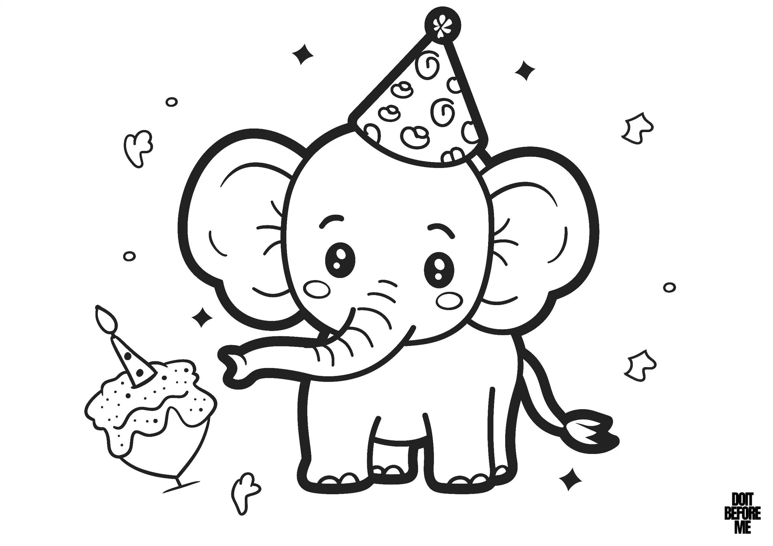 Festive happy birthday coloring page showcases a cute baby elephant ready to celebrate, wearing a party hat. The elephant, with its big cheerful eyes and smiling face, reaches out towards a delicious-looking cupcake topped with frosting. The bold lines and simple shapes make it easy for young colorists to enjoy.