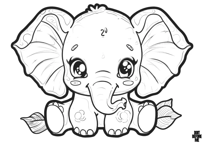 Kawaii cute coloring page features a baby elephant sitting down with large expressive eyes and oversized ears with a small smile, and subtle blush marks on its cheeks.