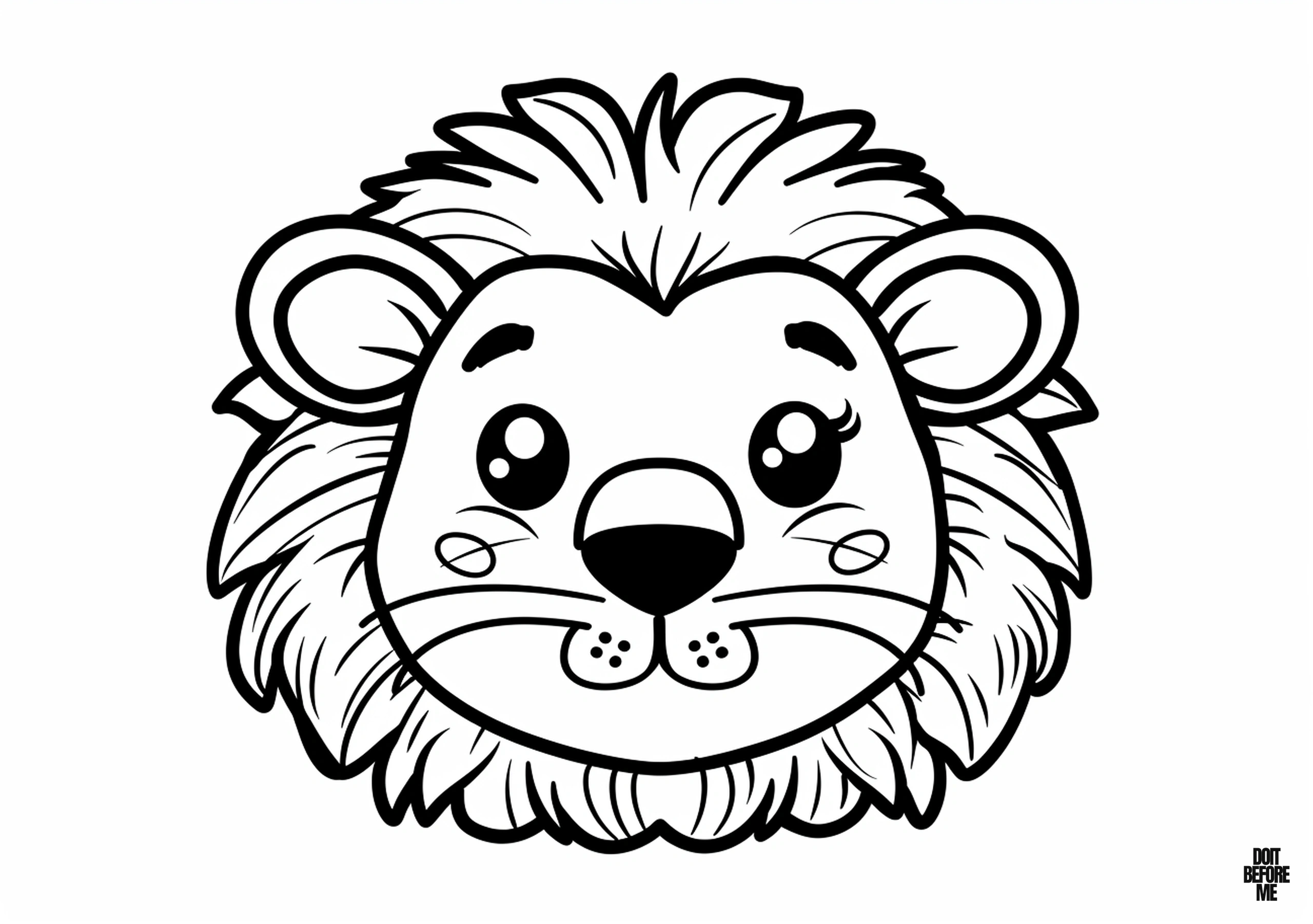 Printable coloring page featuring a smiling male baby lion face, designed for preschool-aged kids.