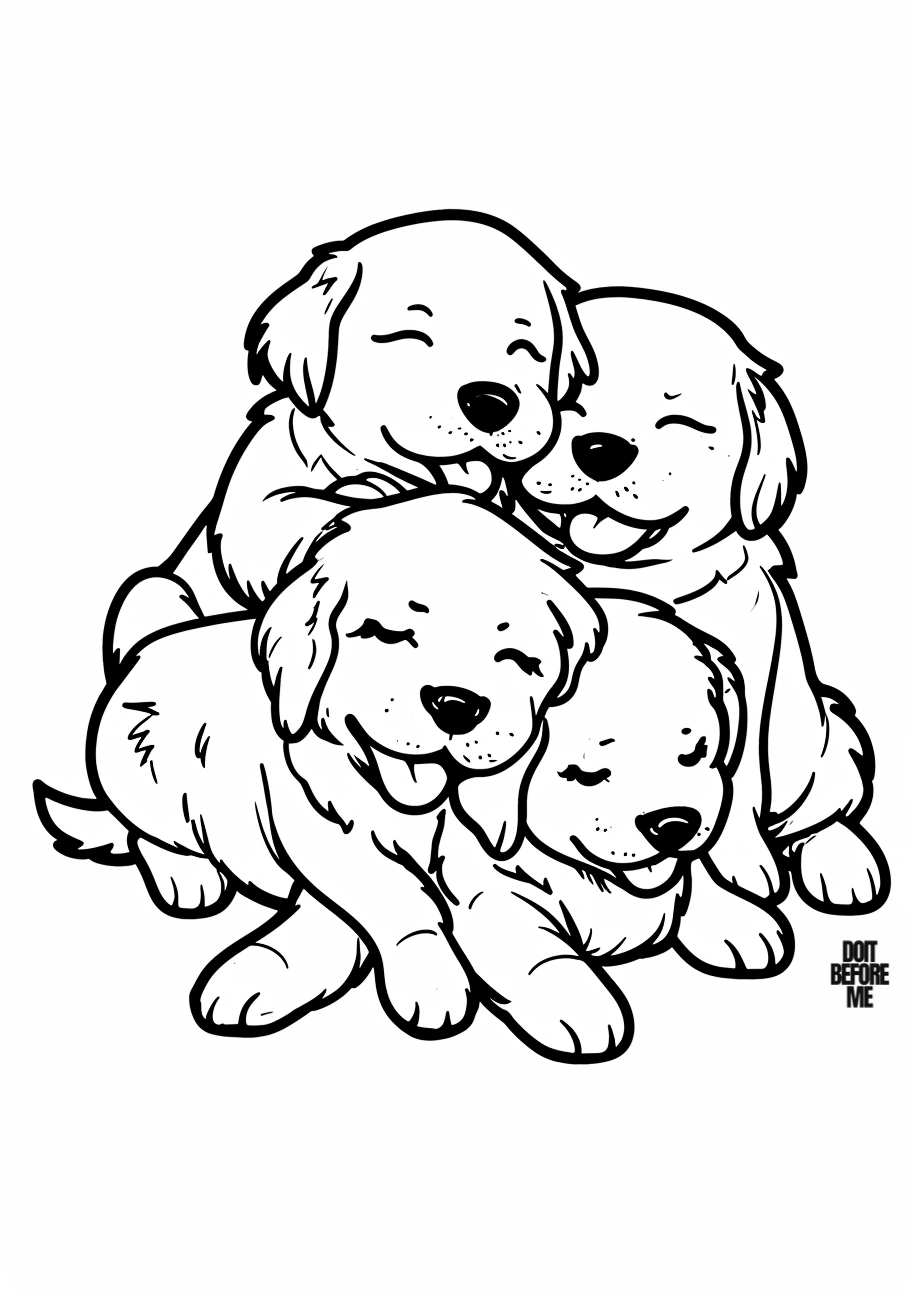 Coloring page featuring four cute golden retriever puppies sleeping together with their tongues out, set against a white and empty background. It can be easily printed for free.