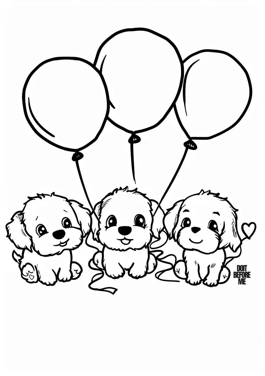 Free Printable Golden Retriever Puppies with Balloons Coloring Page - Small Dog Illustration, Easy to Color. Featuring 3 Puppies and 3 Balloons, Simple Coloring Sheet, Free to Download and Print.