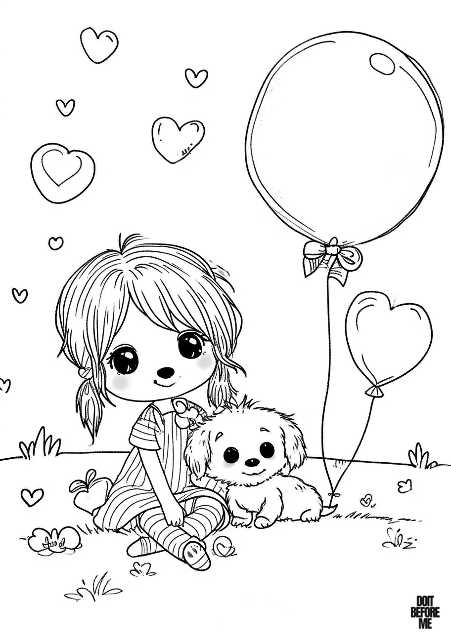 Printable coloring page, adorable golden retriever puppy and kawaii girl, balloons and hearts background - easy and cute scene to color for kids