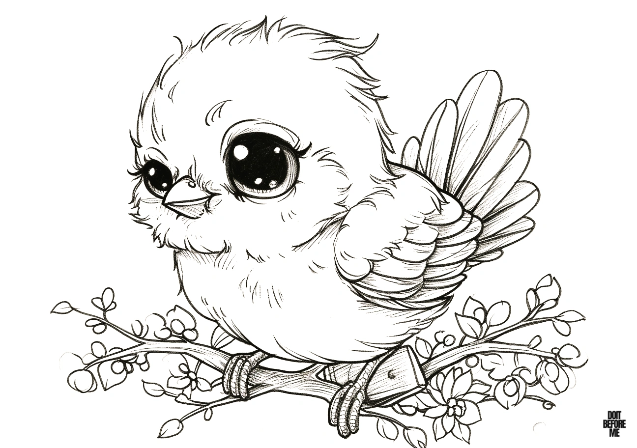 Cute chubby baby bird on cherry tree branch coloring page, perfect for children, featuring simple, cartoon design with big eyes against white background. Ideal for easy printing.