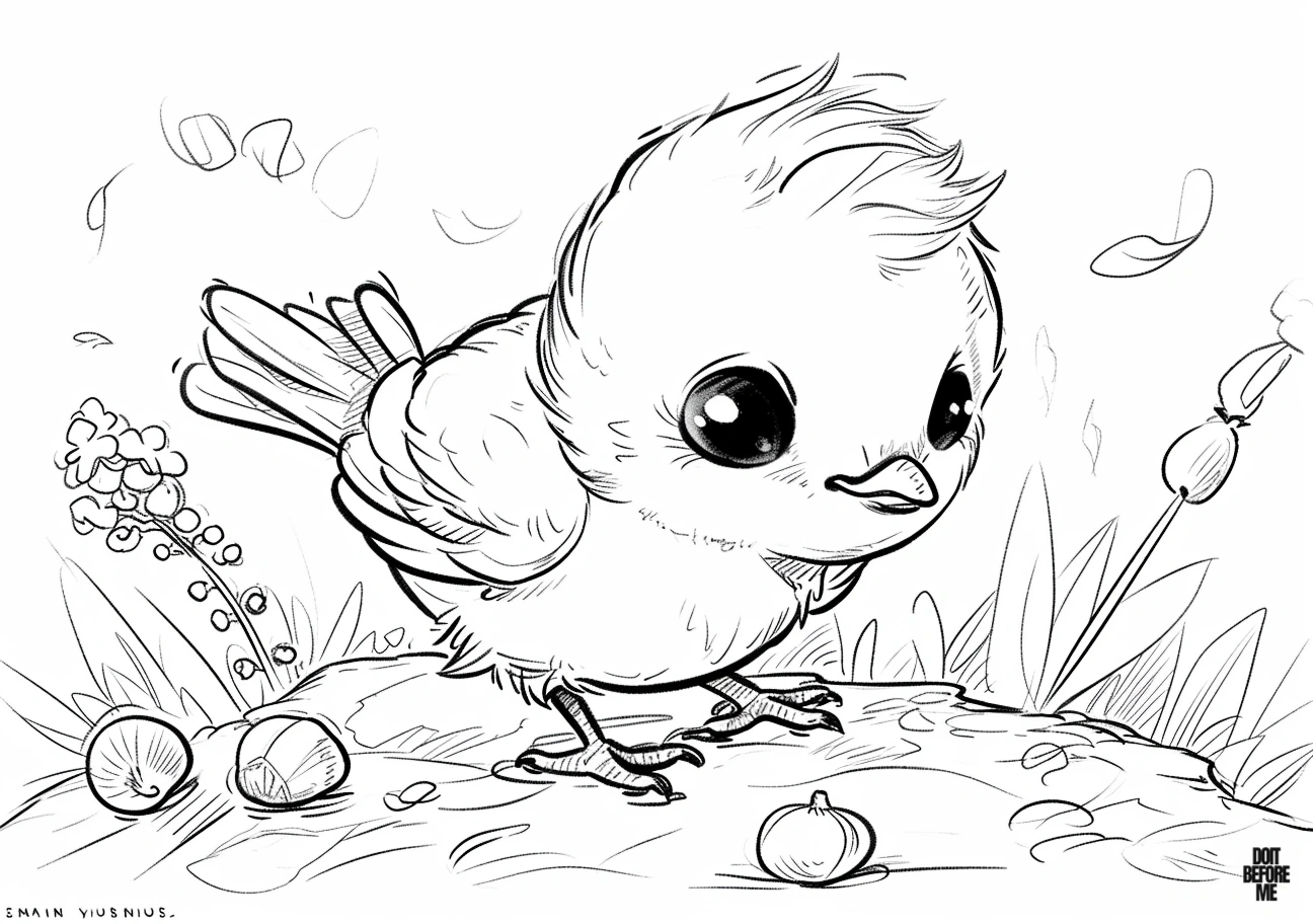 Cute chubby baby bird printable coloring page, perfect for kids to color, featuring a realistic yet cartoonish design.