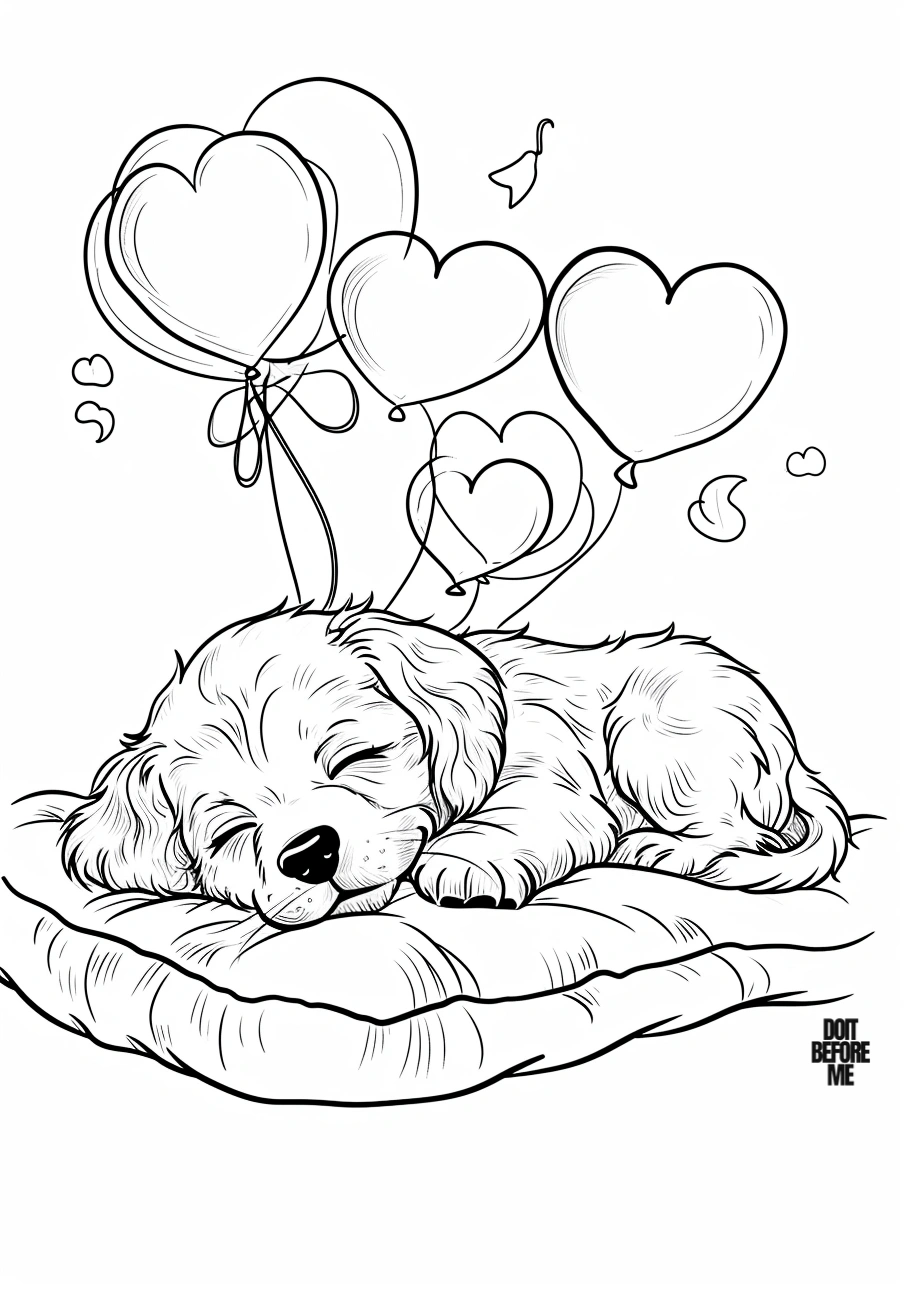 Coloring page featuring the cutest baby golden retriever puppy sleeping on a pillow, with heart-shaped balloons in the background. Suitable for both adults and kids.