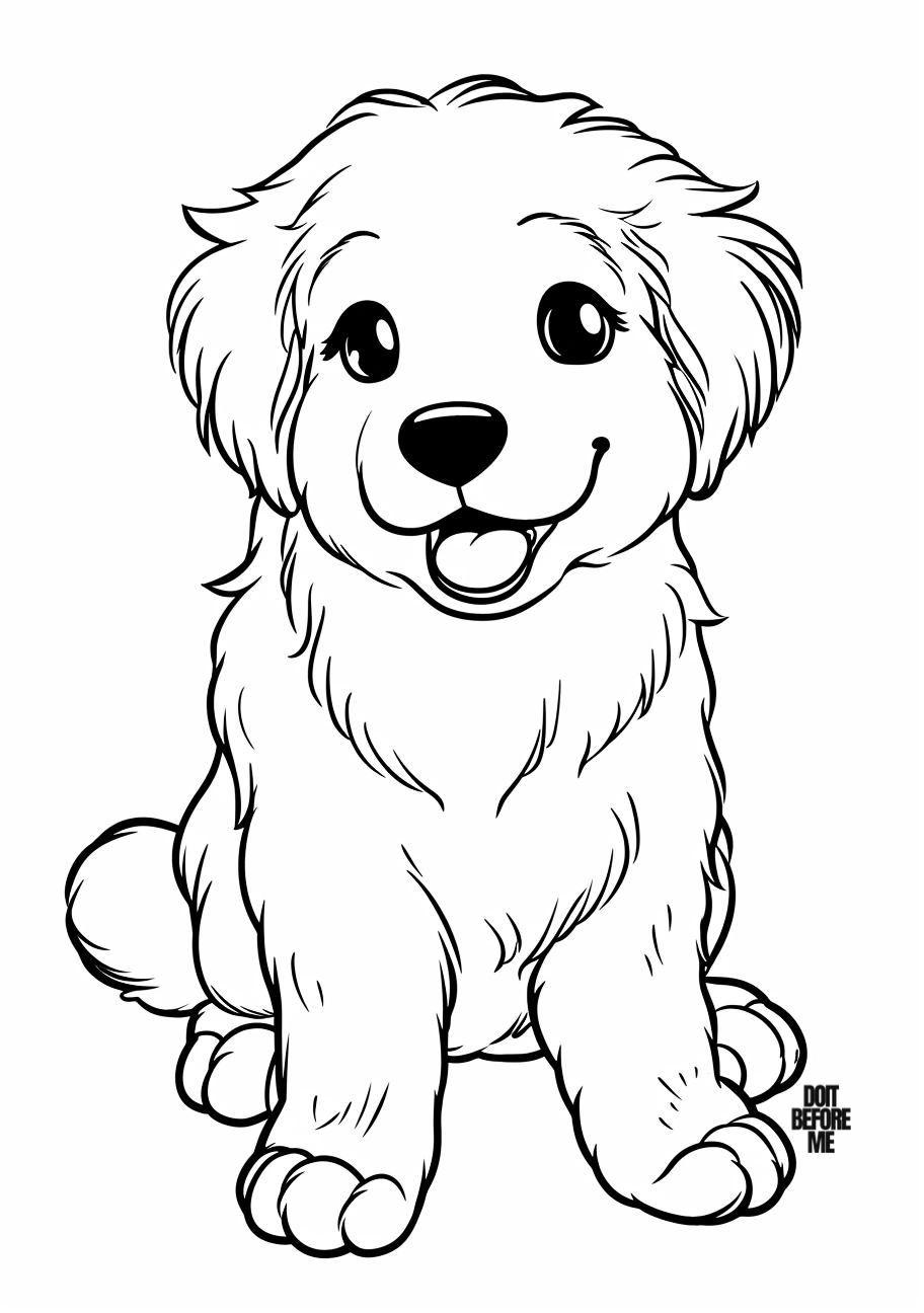 A baby golden retriever coloring page with its tongue out is a simple and easy-to-color sheet suitable for children, kindergarten, and preschoolers.