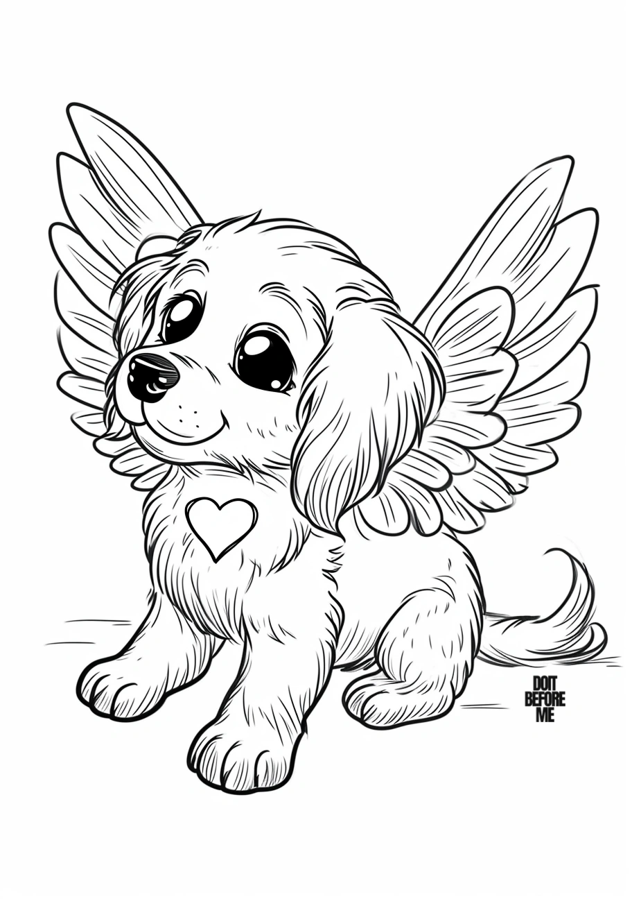 Coloring page of a baby golden retriever puppy with angel wings depict the puppy looking towards the sky. A simple and sweet heart is drawn over the puppy's chest, with angel wings. The background is blank and white, making it easy to print and color for kids.