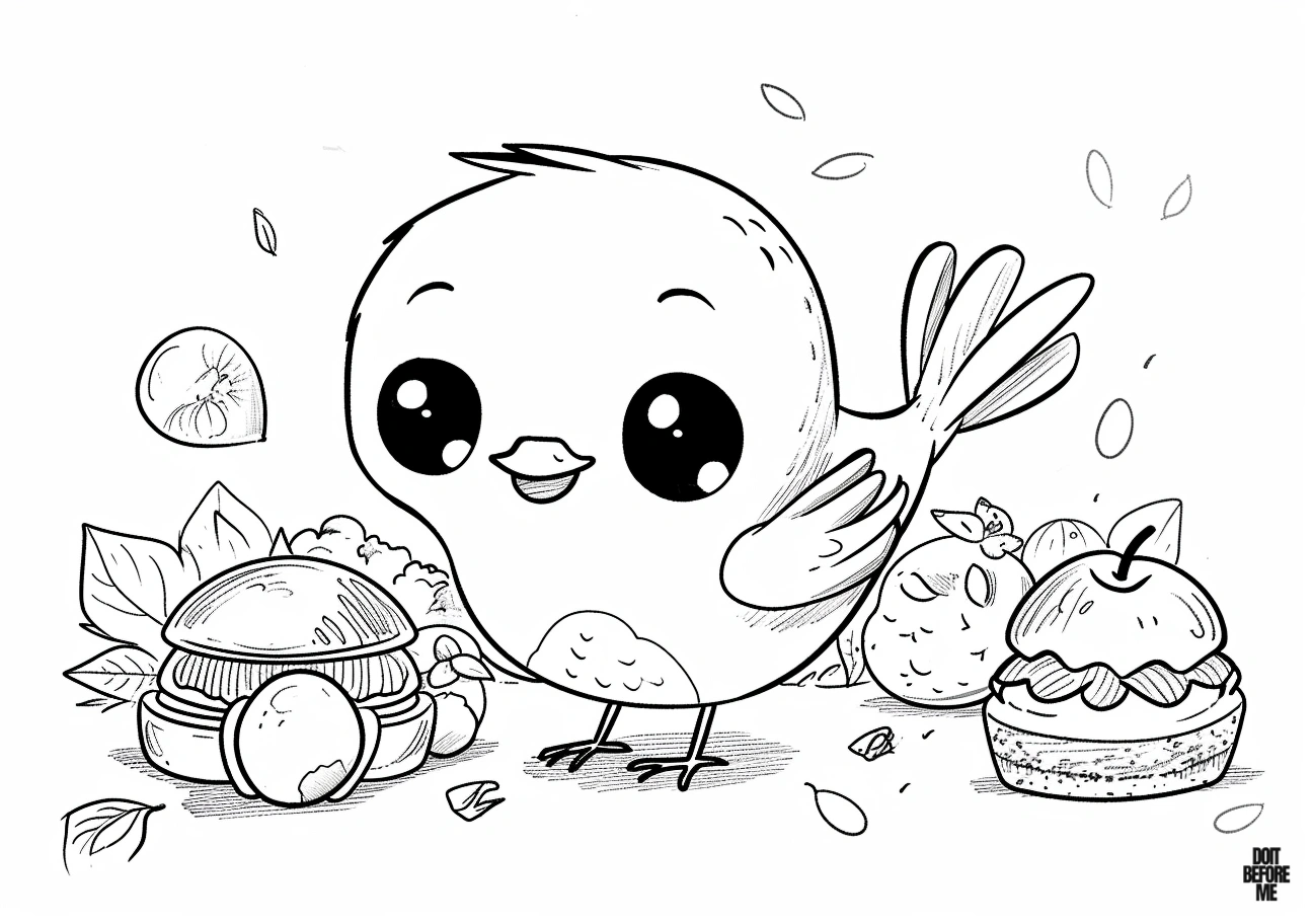 Printable coloring page featuring a whimsically depicted baby bird surrounded by fruits and leaves. The design, while simple and amusing, deviates from reality. Intended for both children and adults to color.