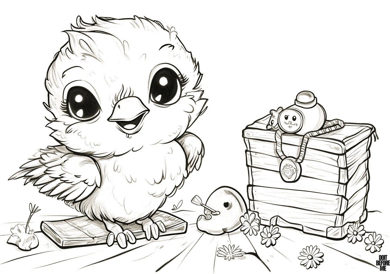 Printable coloring sheet featuring a charming cartoon baby bird with an oversized head and fluffy feathers, seated beside a chest, a watch, and a necklace in a cozy house-like setting, smiling happily.