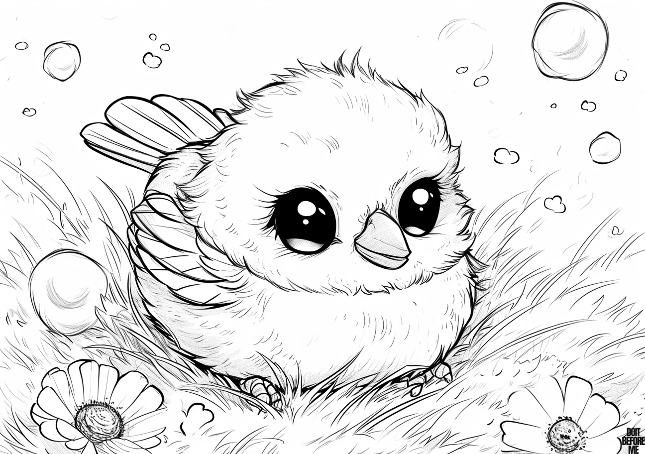 The coloring page of a cute, puffy and fluffy cartoon baby bird, crouching in its nest and waiting for its mother to arrive among the grass and flowers, can be easily colored and offers an enjoyable coloring experience for children and adults who enjoy kawaii concepts.