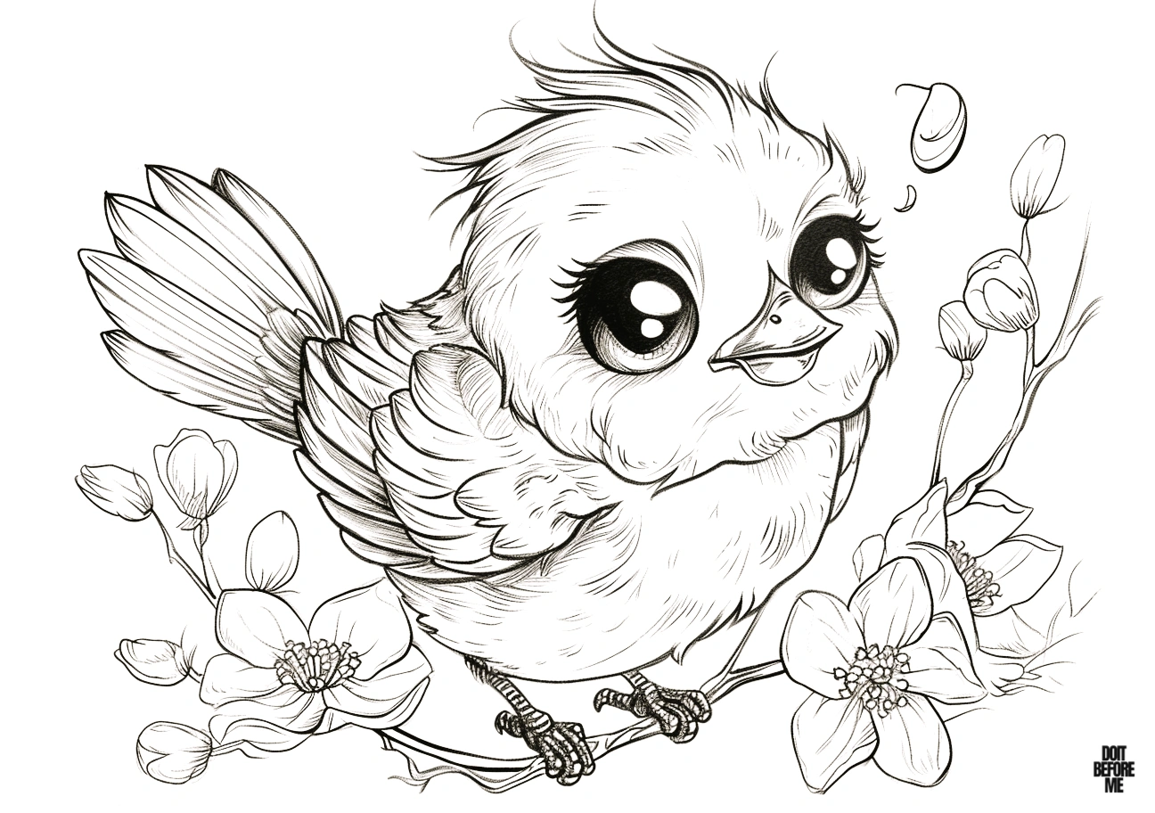 Printable coloring page of a baby bird peacefully looking away with curiosity and love on a blooming branch, cartoon coloring design for kids.