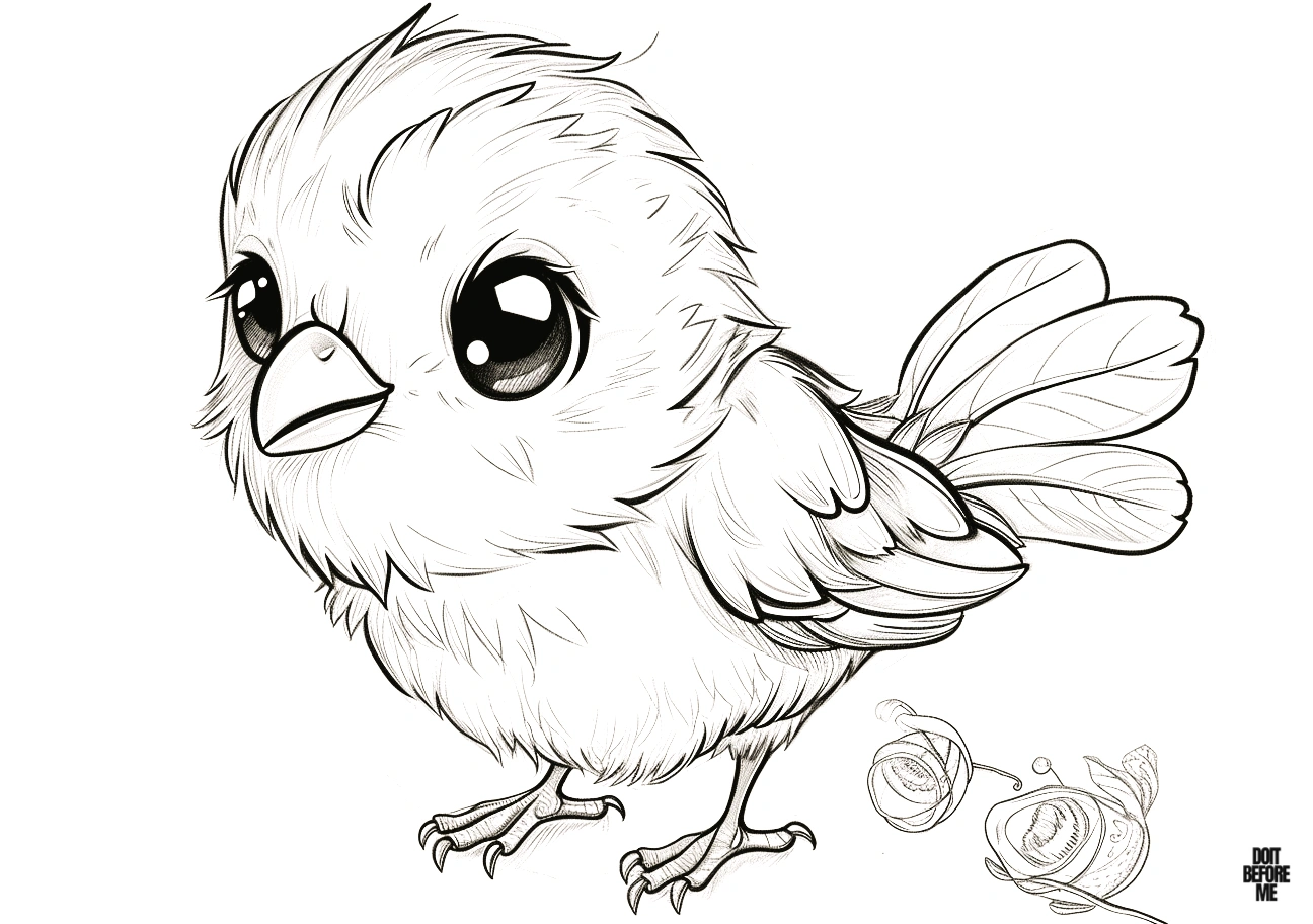 Cute little bird coloring page for toddlers, on white plain background.