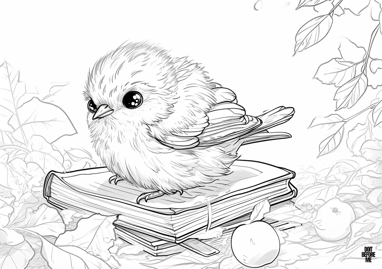 A baby bird sits adorably on a book amidst a forest scene in this coloring page for adults.