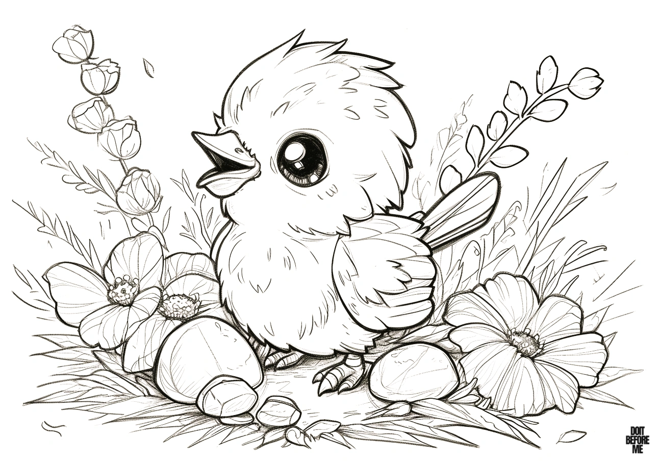 Coloring page depicting a cartoon baby bird perched on flowers in a nest, its mouth open eagerly awaiting its mother. The bird appears hungry and adorable, seen from a side profile.