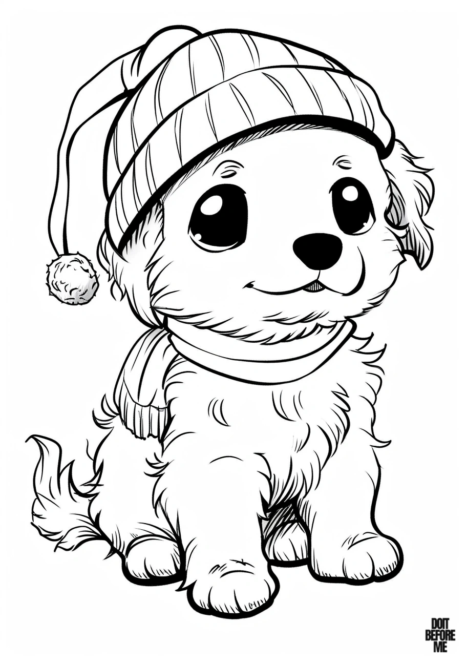 coloring page featuring a male Golden Retriever puppy wearing a winter beanie and scarf, exuding happiness. The clean, blank white background makes it suitable for printing.