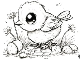 A charming bird coloring page featuring a kawaii-style bird with a large eye is depicted from a side angle as it walks on the ground. Surrounding the bird are stones and flowers, creating a delightful nature scene, ideal for adults who appreciate kawaii coloring concept.