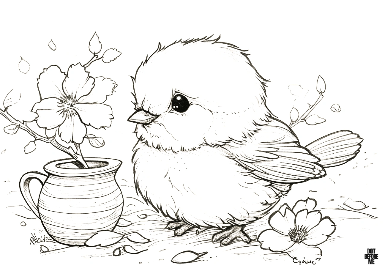 Free printable coloring page illustrates a flower growing in a vase beside a baby bird sitting on the ground, which appears significantly larger than the flower. The baby bird is noticeably plump with fluffy feathers, exuding a soft and endearing appearance as it gazes sweetly from a side profile.