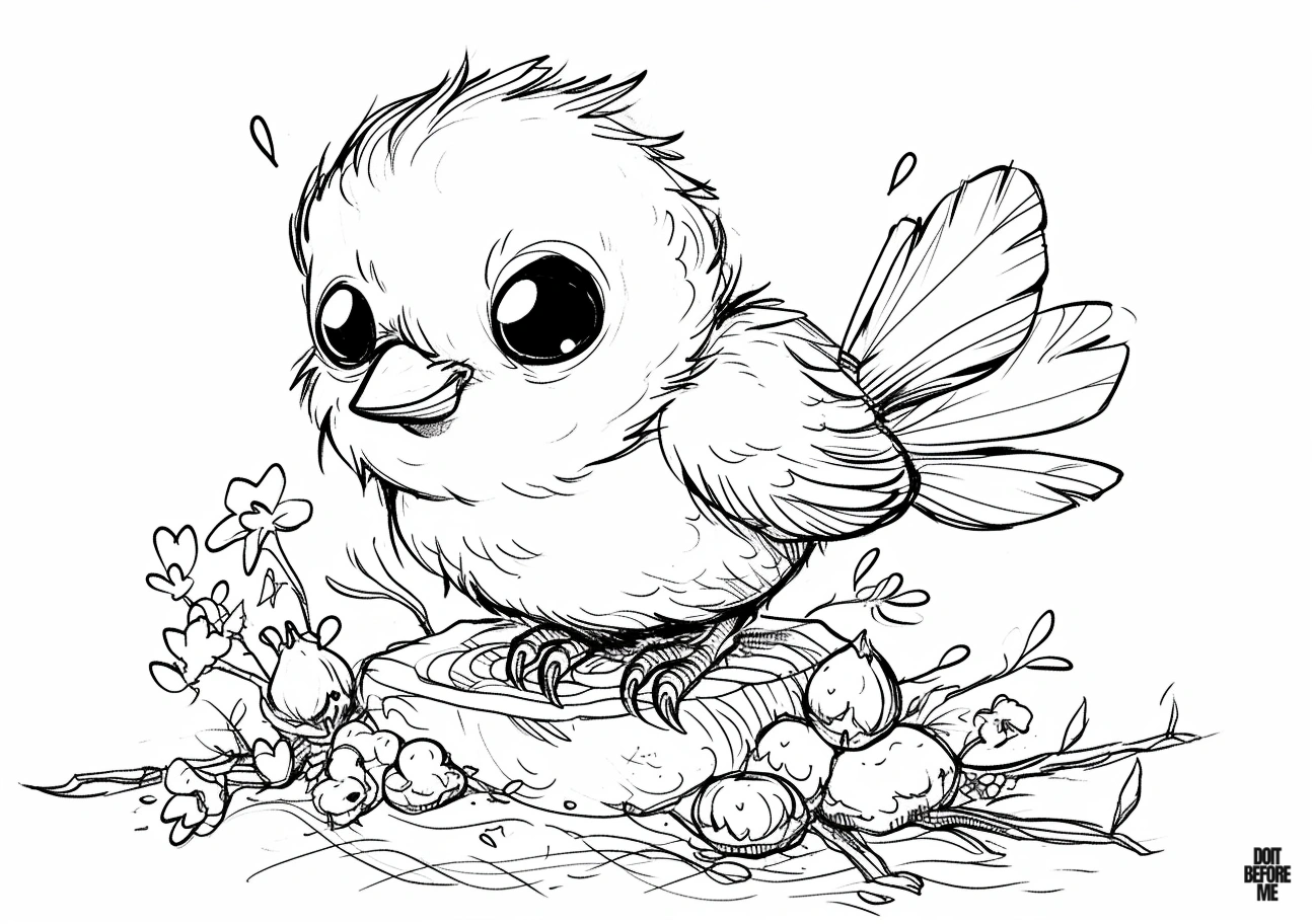 Printable coloring page of a cheerful baby bird perched in its nest, poised to fly. Ideal for adult coloring.