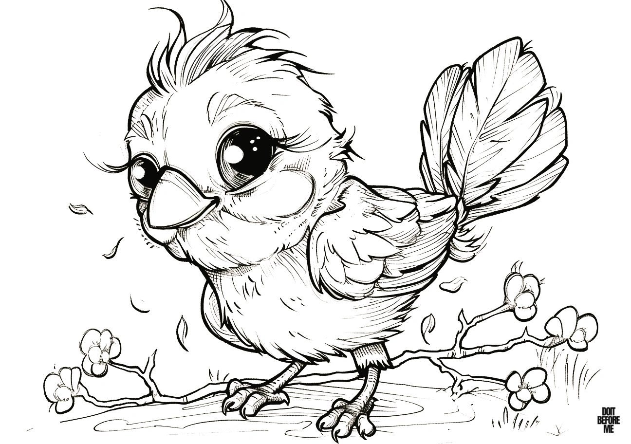 A cute baby bird coloring page featuring a slightly fatigued appearance, with a scattering of plucked feathers in the air. This design is intended for adult coloring enthusiasts.