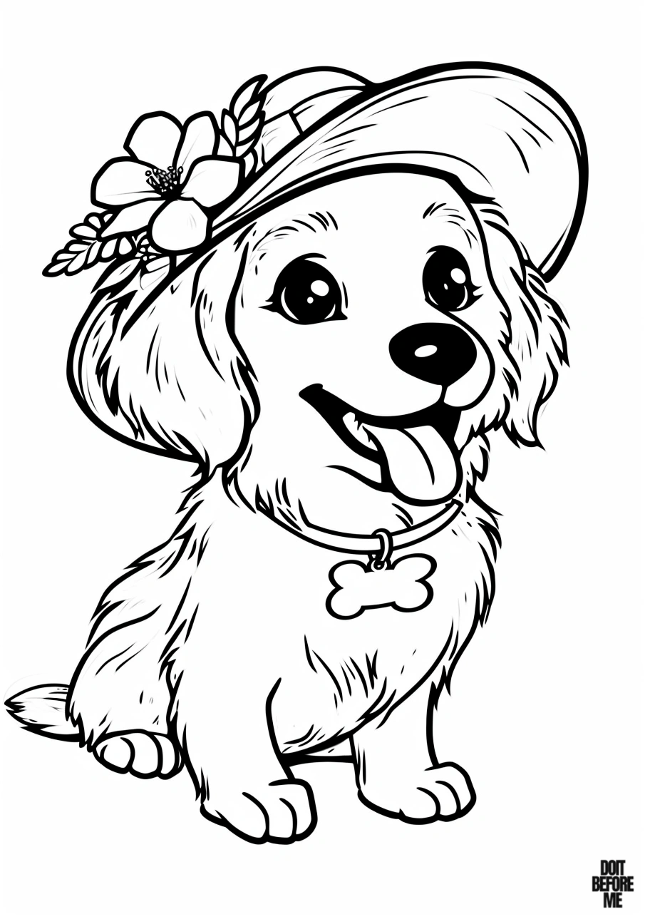 Printable coloring page featuring a happy female golden retriever puppy wearing a summer hat adorned with a flower, playfully sticking out her tongue. Cute dog illustration perfect for pet lovers and kids.