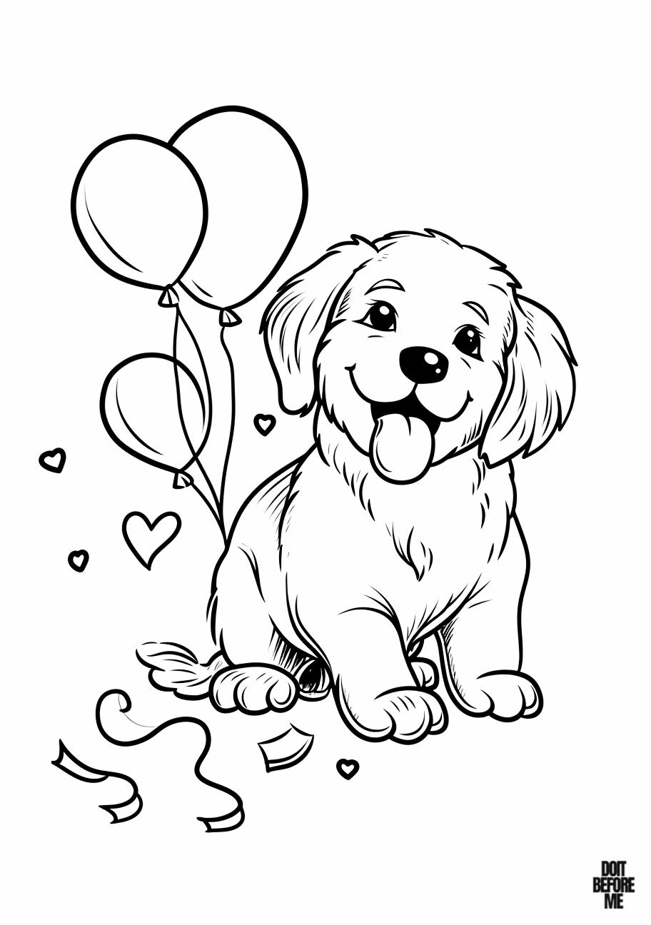 Printable coloring page illustrating a cute golden retriever puppy with a joyful expression, tongue out, a few balloons in the background.