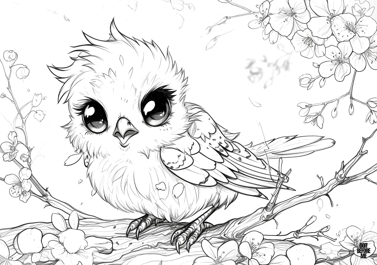 Printable kawaii coloring page featuring a baby bird perched on a blooming cherry tree, designed for adults who appreciate kawaii themes and enjoy coloring.