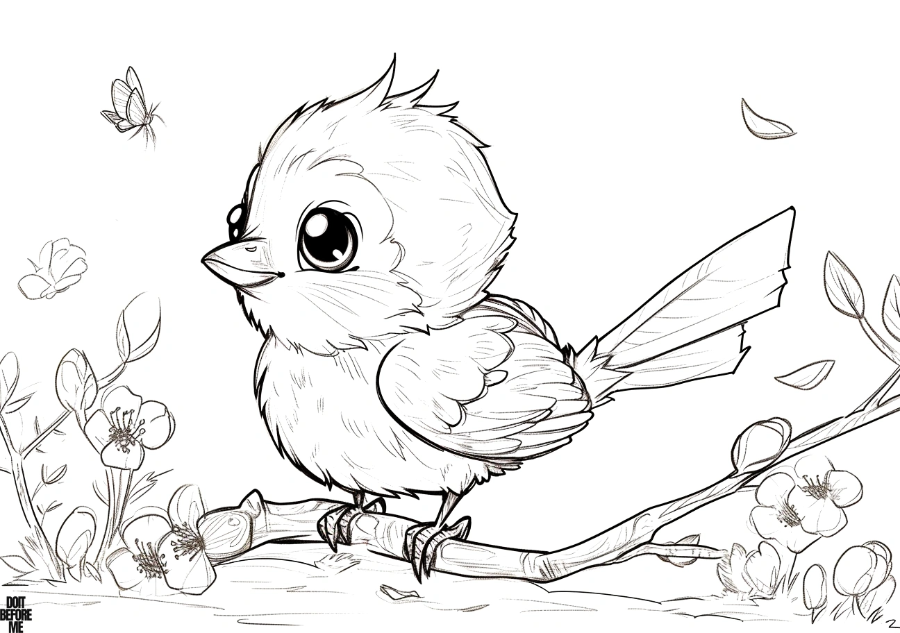 Printable cute coloring page featuring a baby bird perched on a blooming tree, viewed from a side profile. Tiny butterflies flutter in the background.