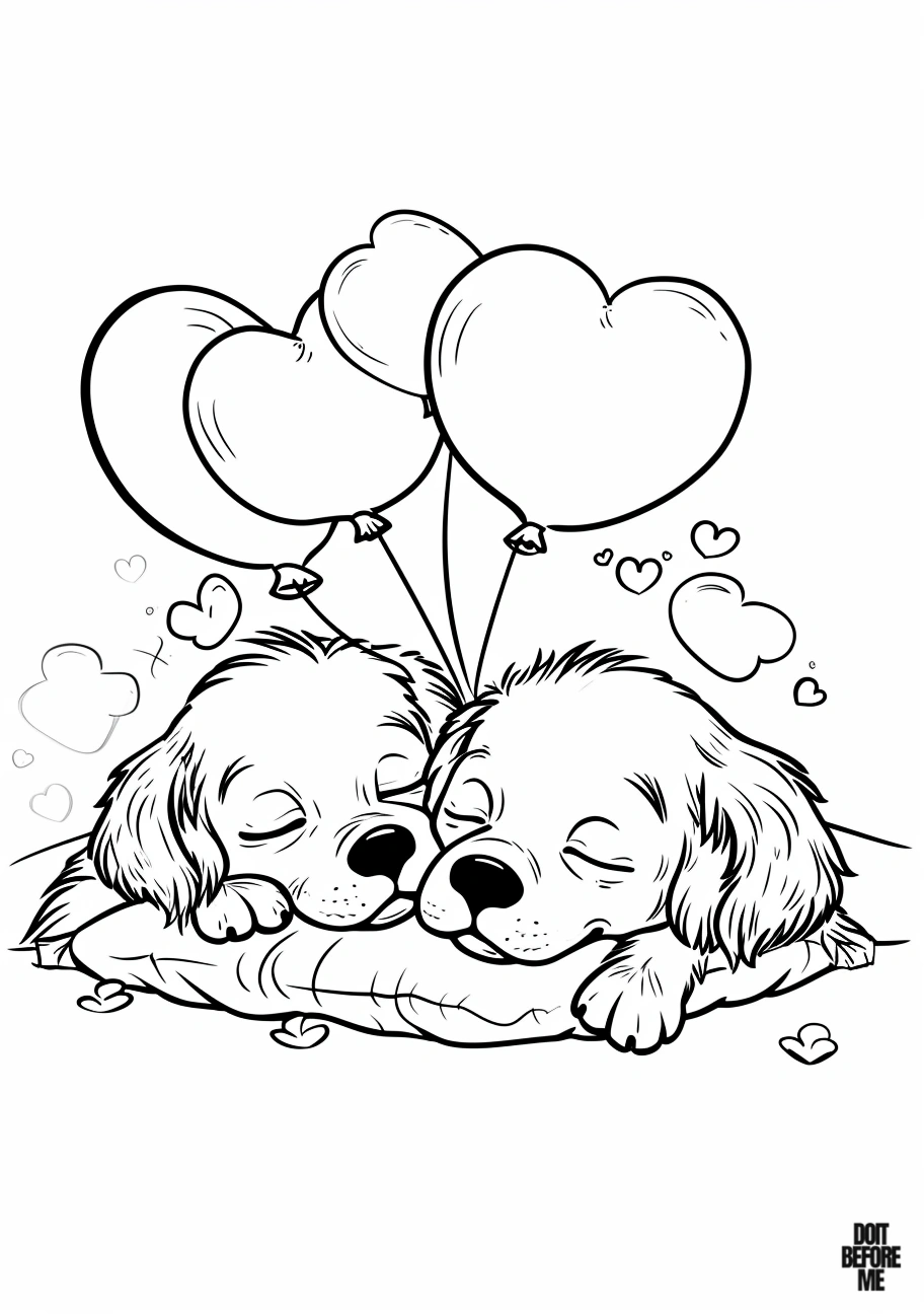 Adorable image of two golden retriever puppies peacefully sleeping on a pillow. The background is adorned with hearts and balloons, making this coloring page a heartwarming scene.